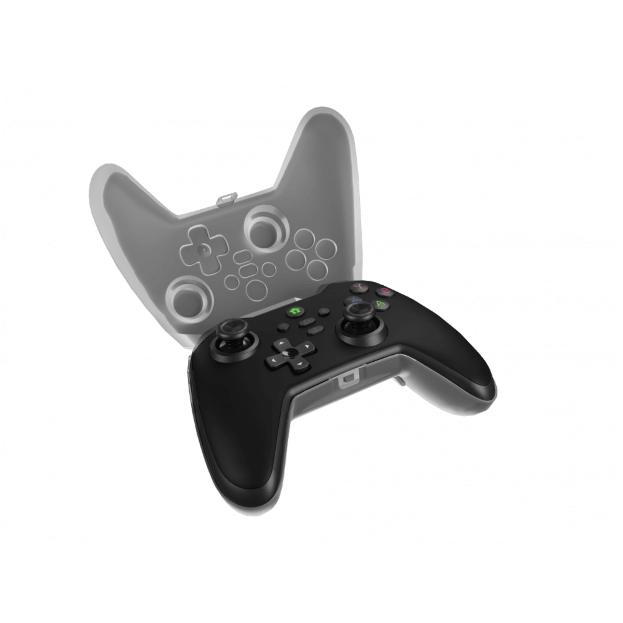 Black gamepad with buttons and joysticks. A faded gamepad outline is behind it. White background.