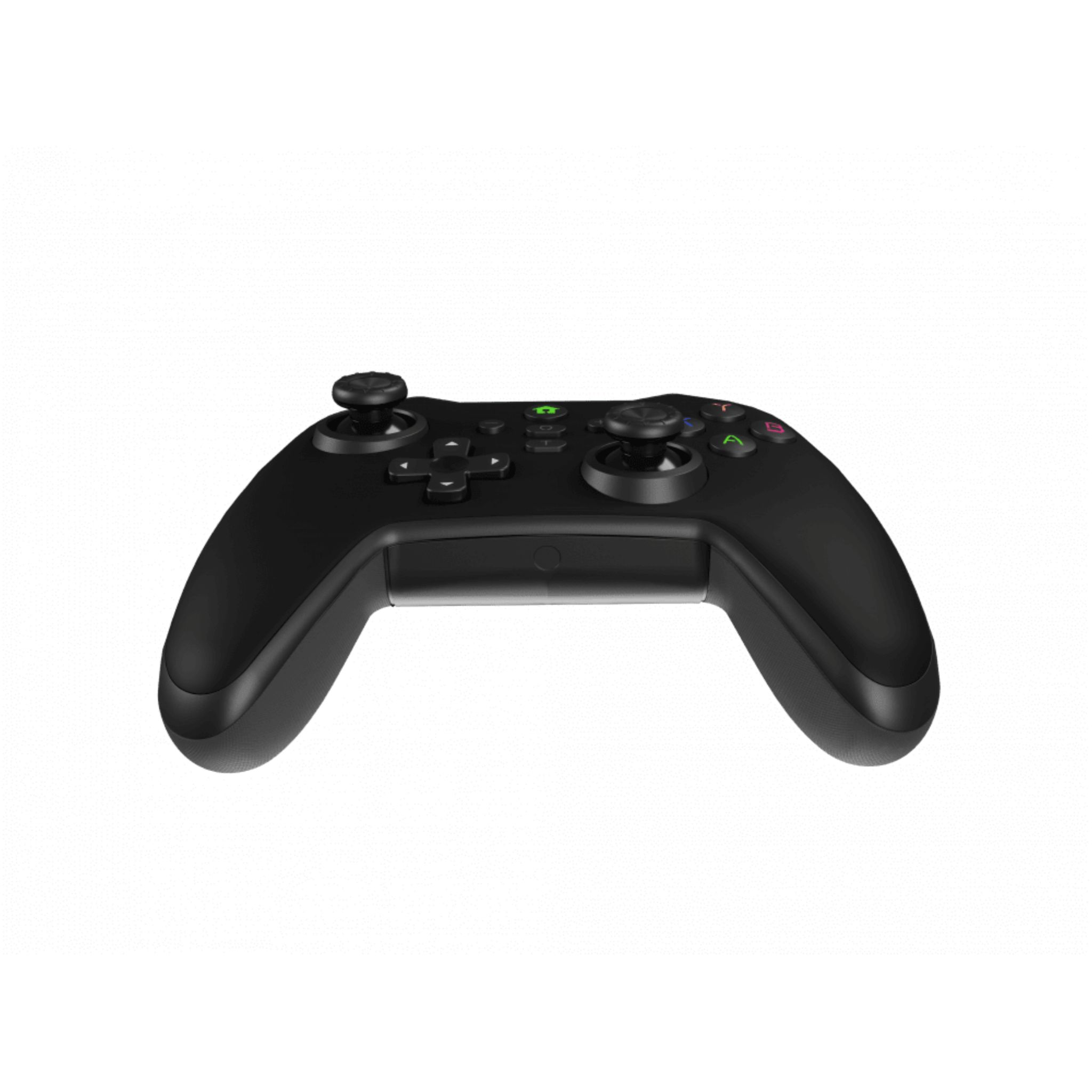 A black game controller, isolated on a white background.