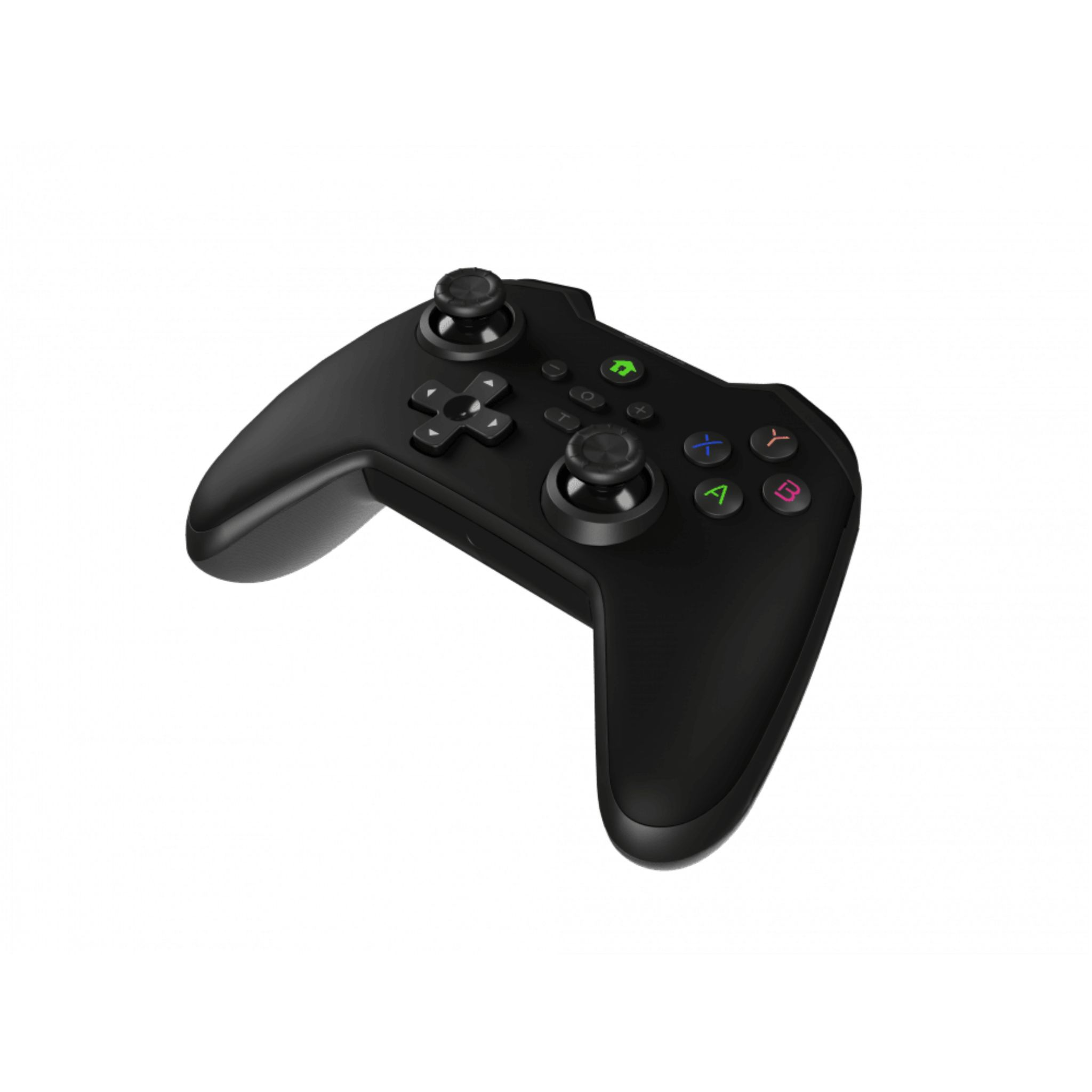Black game controller on white. Has colored buttons and two joysticks.