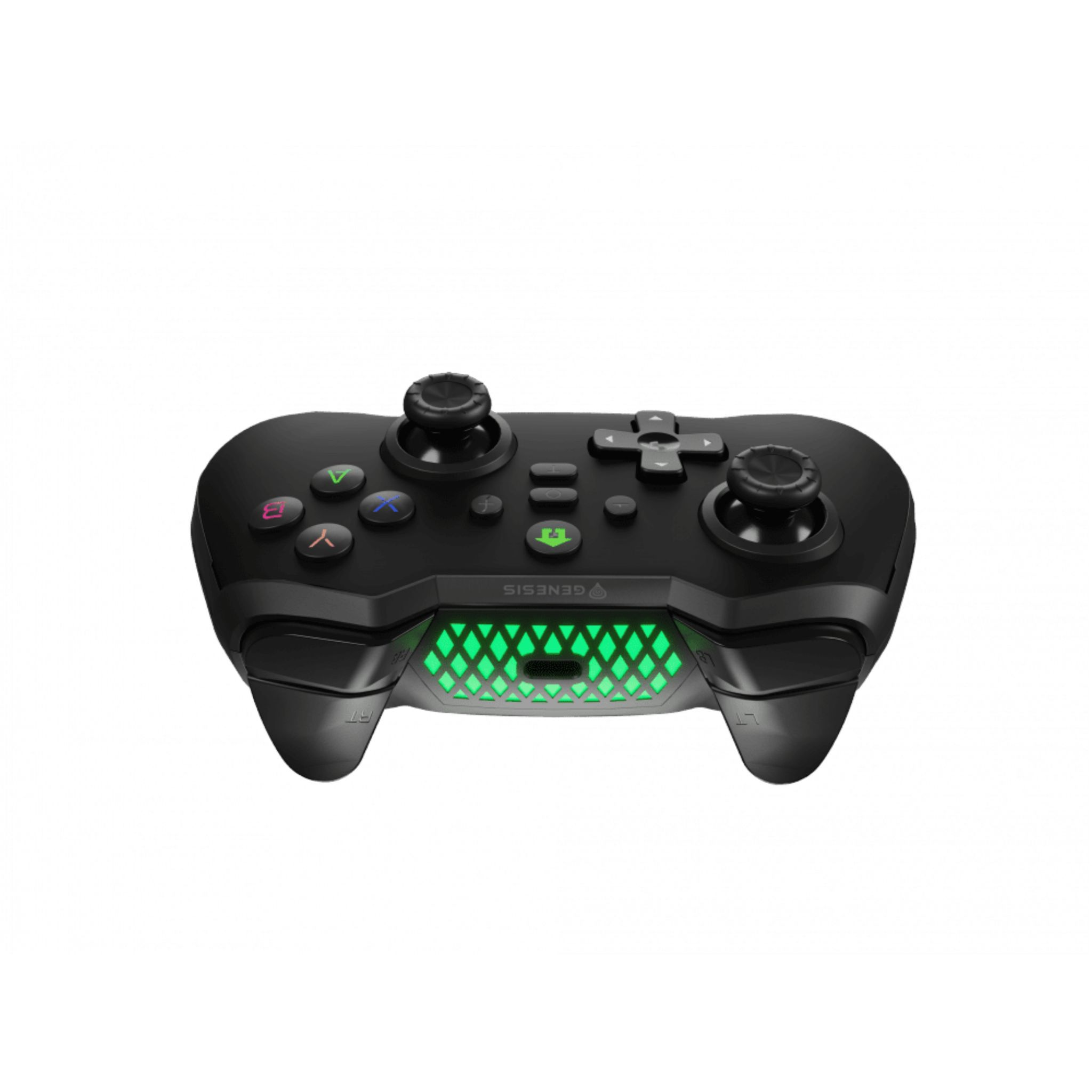 Black game controller with green lighting. It has buttons and joysticks on a white background.