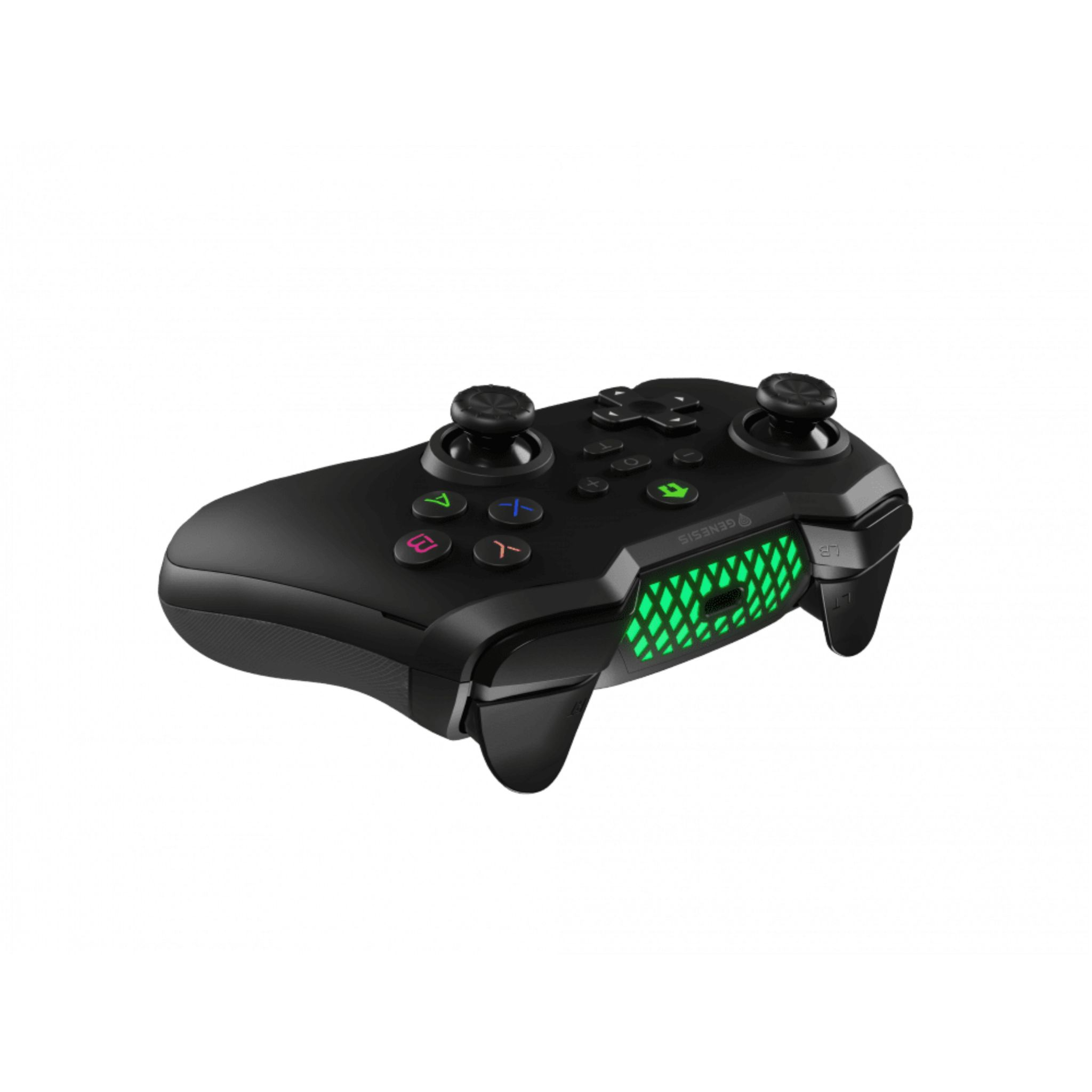 Black Genesis gaming controller, with green accents and buttons.
