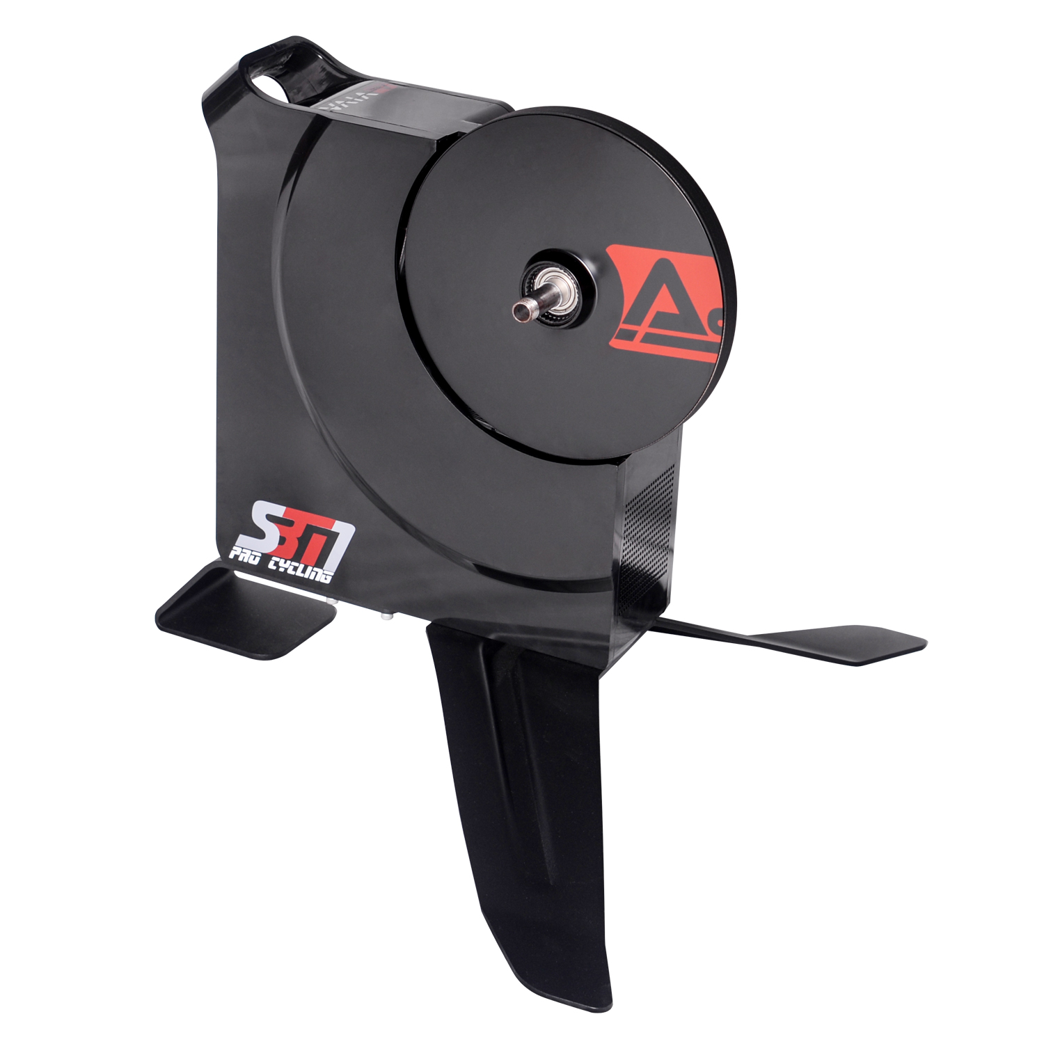 Schwarzer Heimtrainer für Fahrräder. Schwarzes Rad mit rotem Logo. Schwarze Basis.
