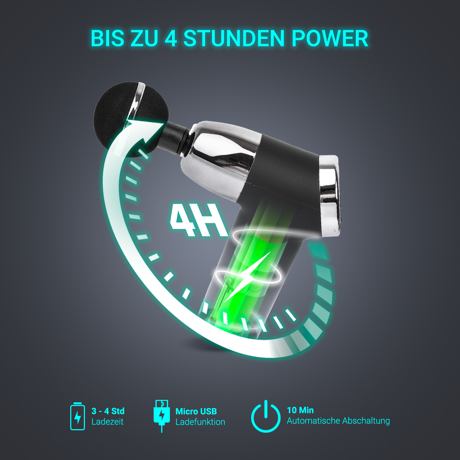 Ein schwarz-silbernes Autoladegerät mit grünem Lichteffekt auf dunklem Hintergrund.