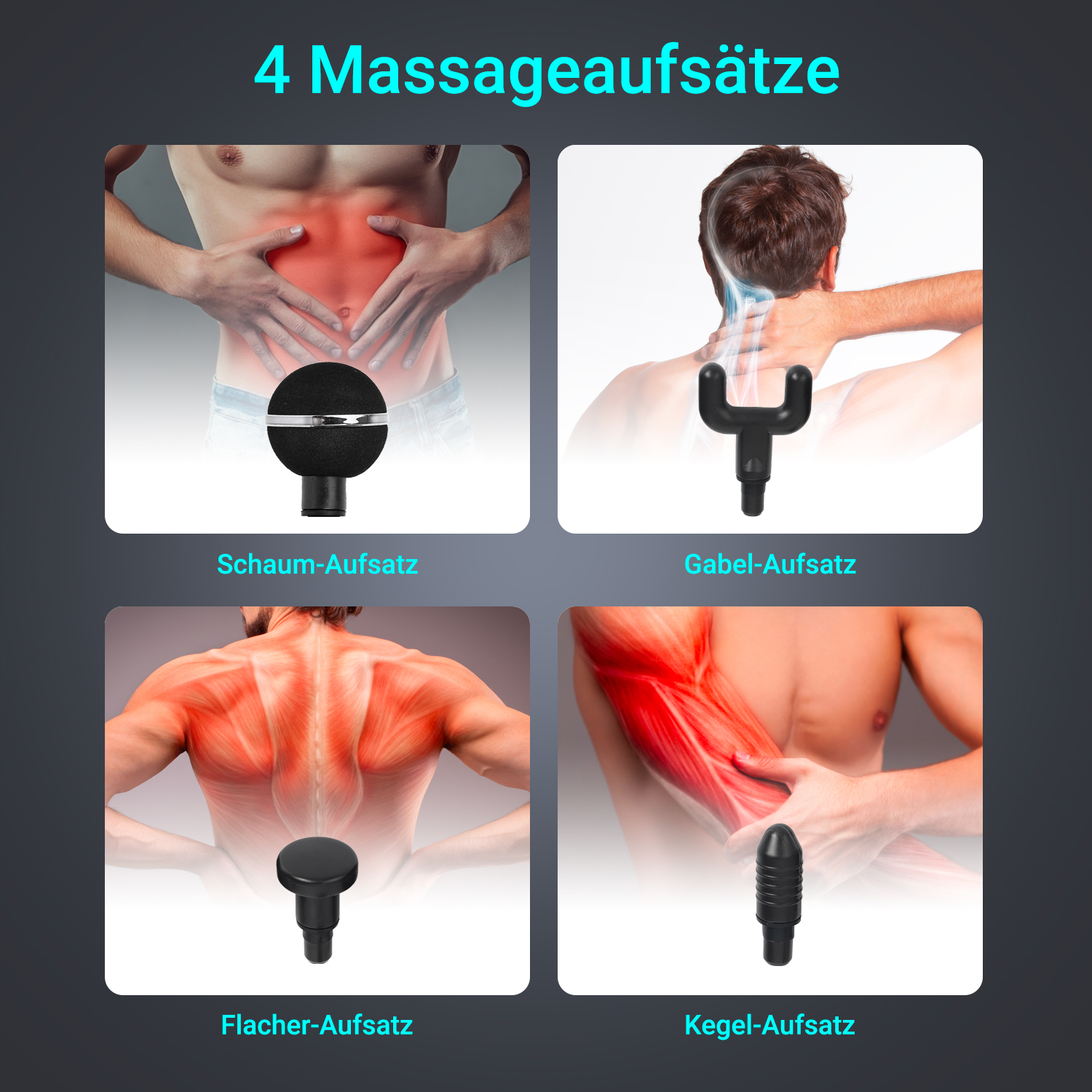 Das Bild zeigt 4 Massageköpfe mit unterschiedlichen Formen und Personen, die sie an ihren Körpern verwenden.