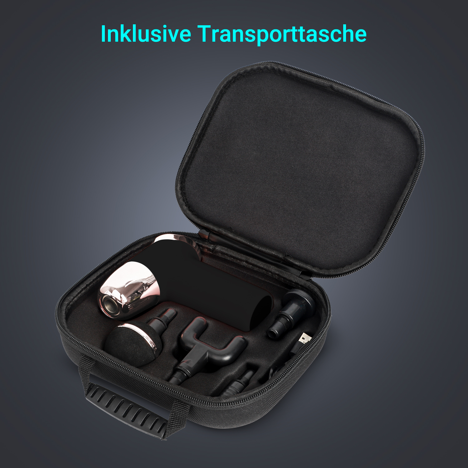 Eine schwarze Massagepistole und Zubehör in einer schwarzen Tragetasche, dunkler Hintergrund.
