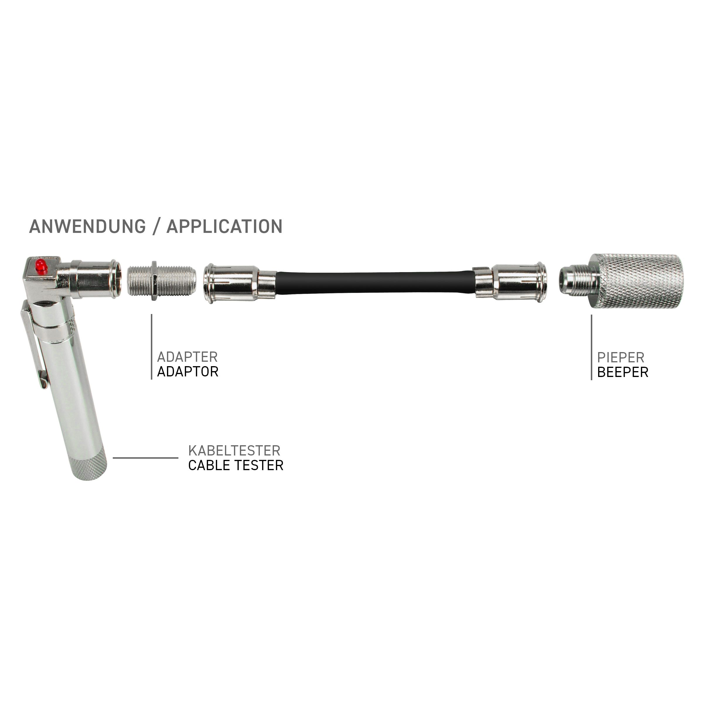 Zerlegte Kabeltester-Komponenten, beschriftet mit 'Kabeltester', 'Adapter' und 'Pieper'.