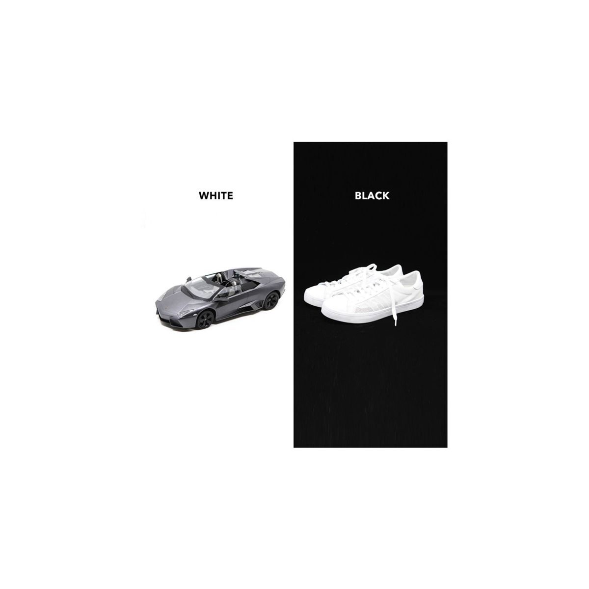 Weißer Hintergrund geteilt: graues Auto, schwarze Schuhe. Text: WEISS, SCHWARZ.
