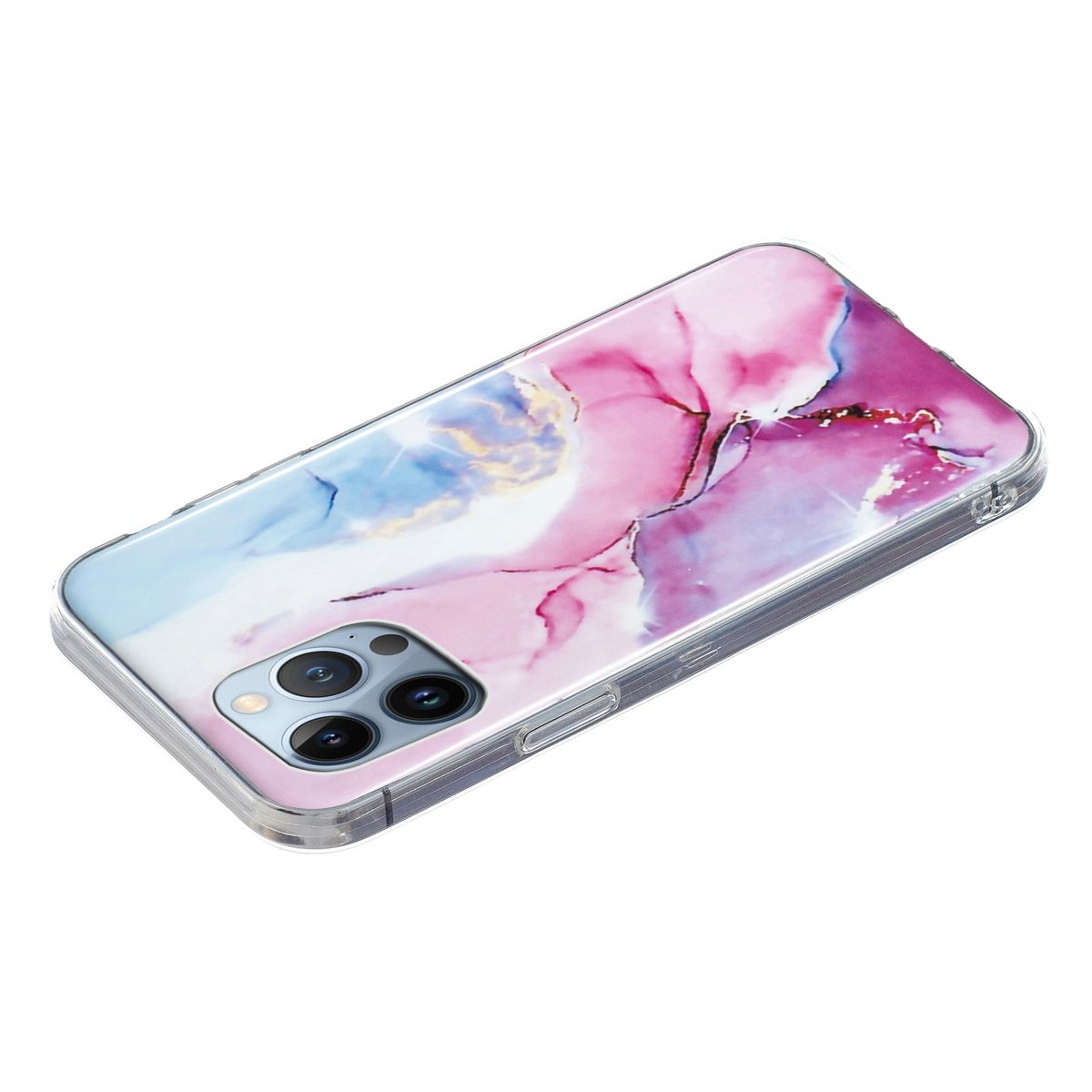 Handyhülle mit rosa-blauem Marmormuster. Das Telefon hat drei Kameras.