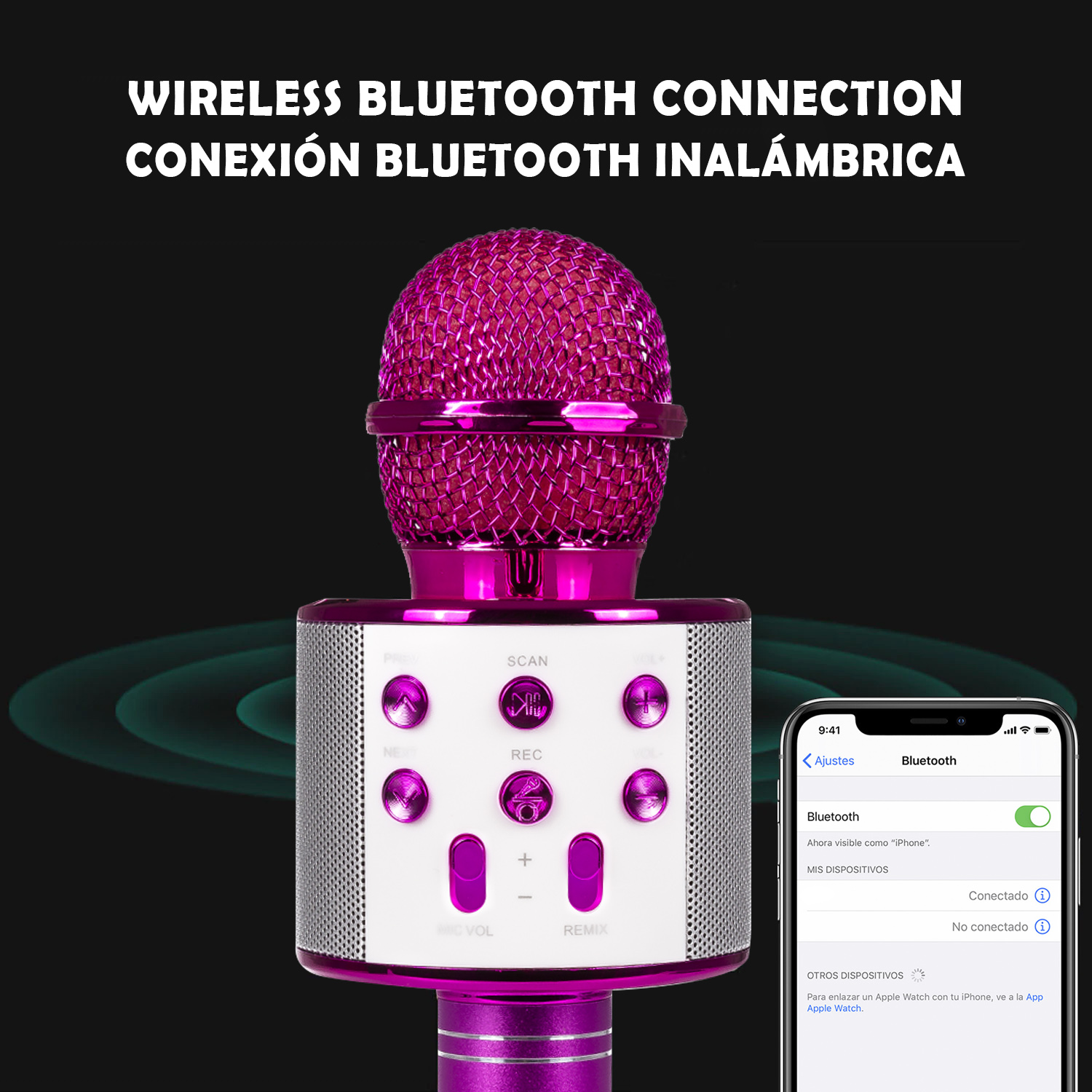 Un microfono rosa con un iPhone che mostra una connessione Bluetooth. Testo connessione Bluetooth wireless in alto.
