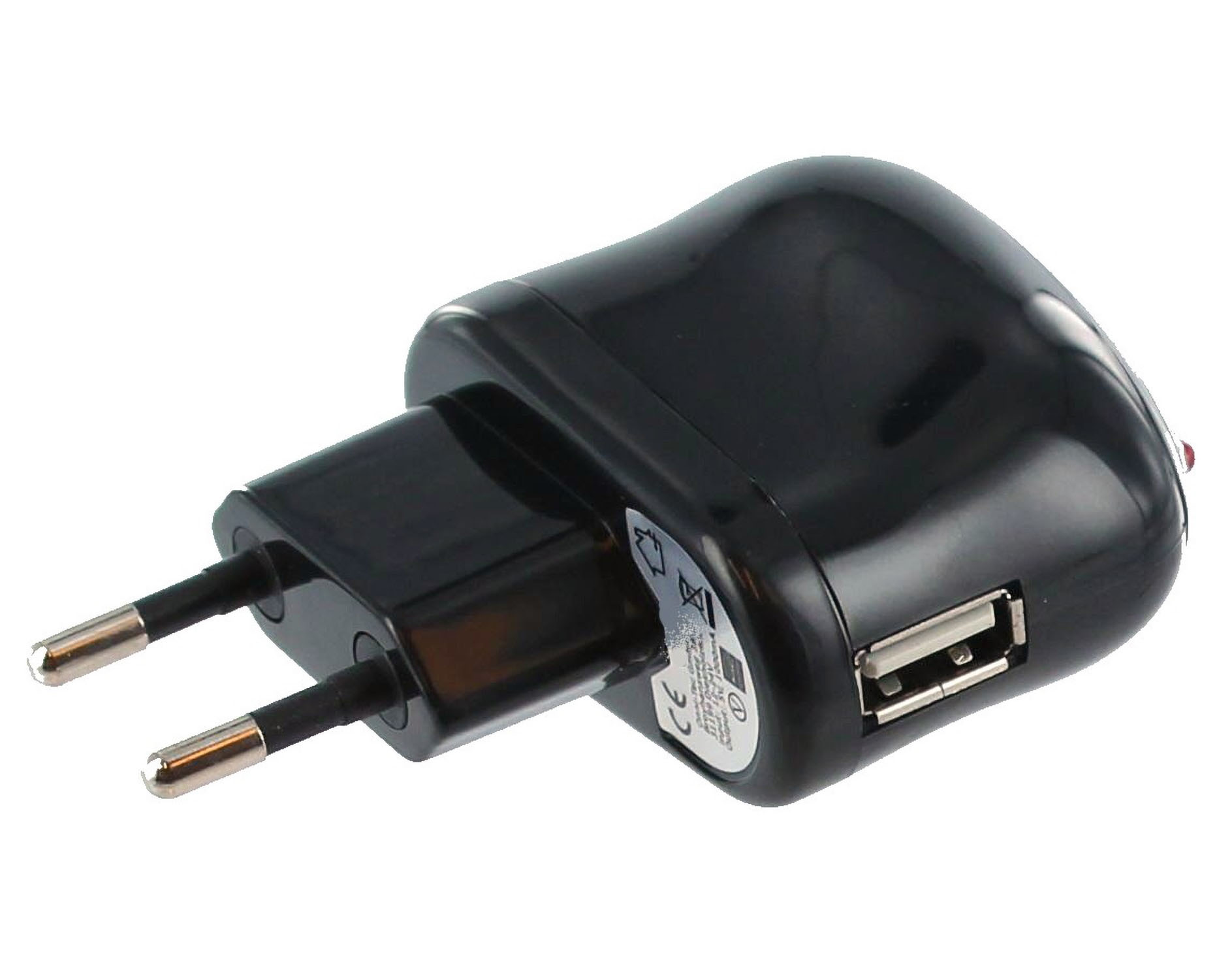 Schwarzes USB-Ladegerät mit zwei Stiften und einem USB-Anschluss. Das Ladegerät ist glänzend.