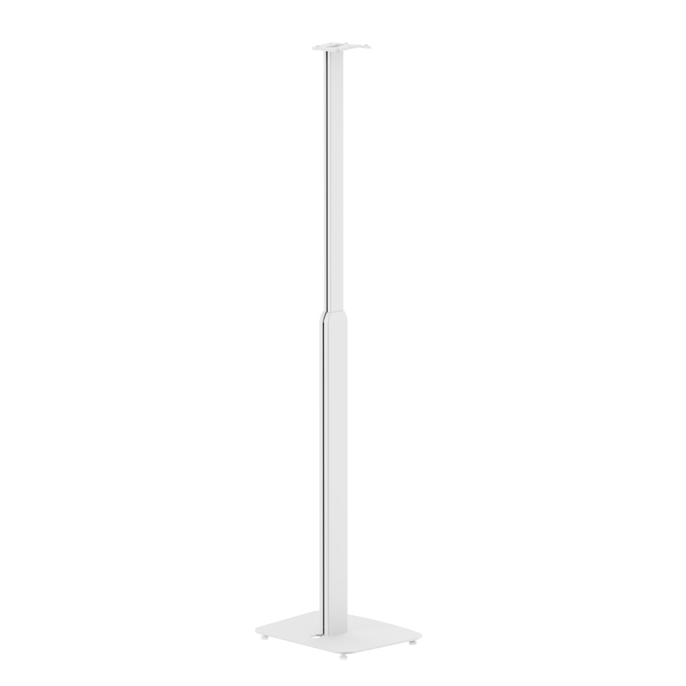 Een witte, lange en dunne standaard op een witte achtergrond. Het heeft een vierkante voet en een bovenste bevestiging.
