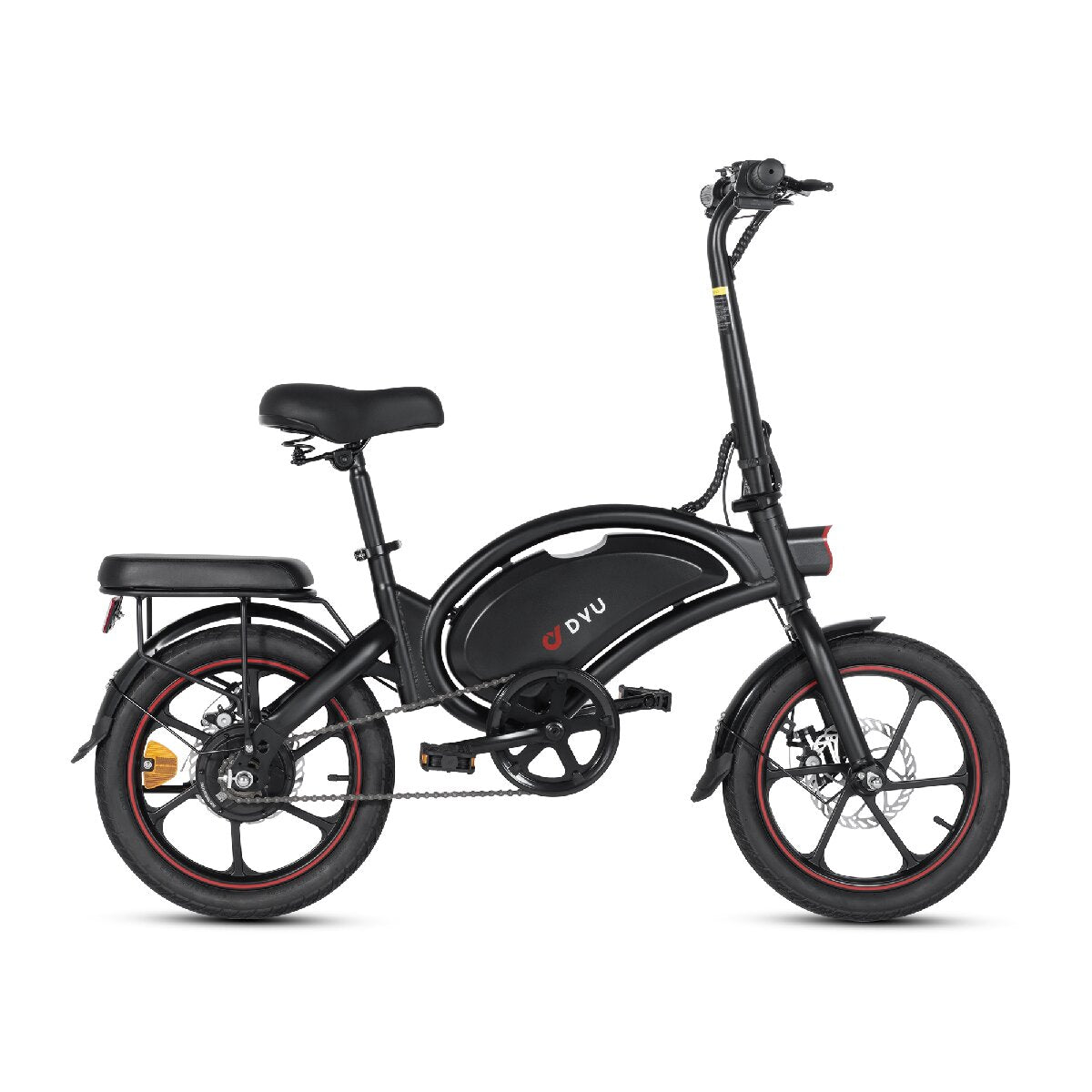 Una bici elettrica DYU nera con dettagli rossi su sfondo bianco. Ha un sedile.
