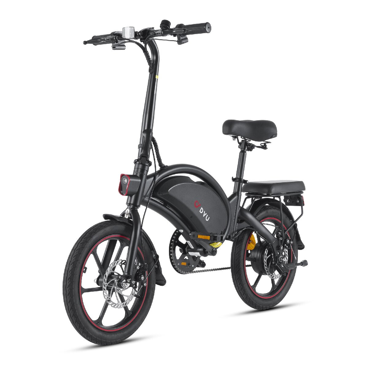 Bicicletta elettrica pieghevole nera con accenti rossi sulle ruote. Sfondo bianco, vista frontale.
