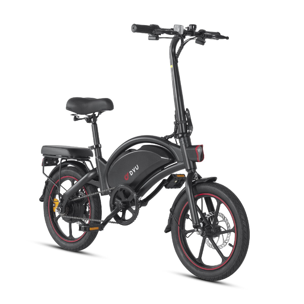 Bicicletta elettrica pieghevole nera e rossa su bianco, con cerchi rossi e sella nera.