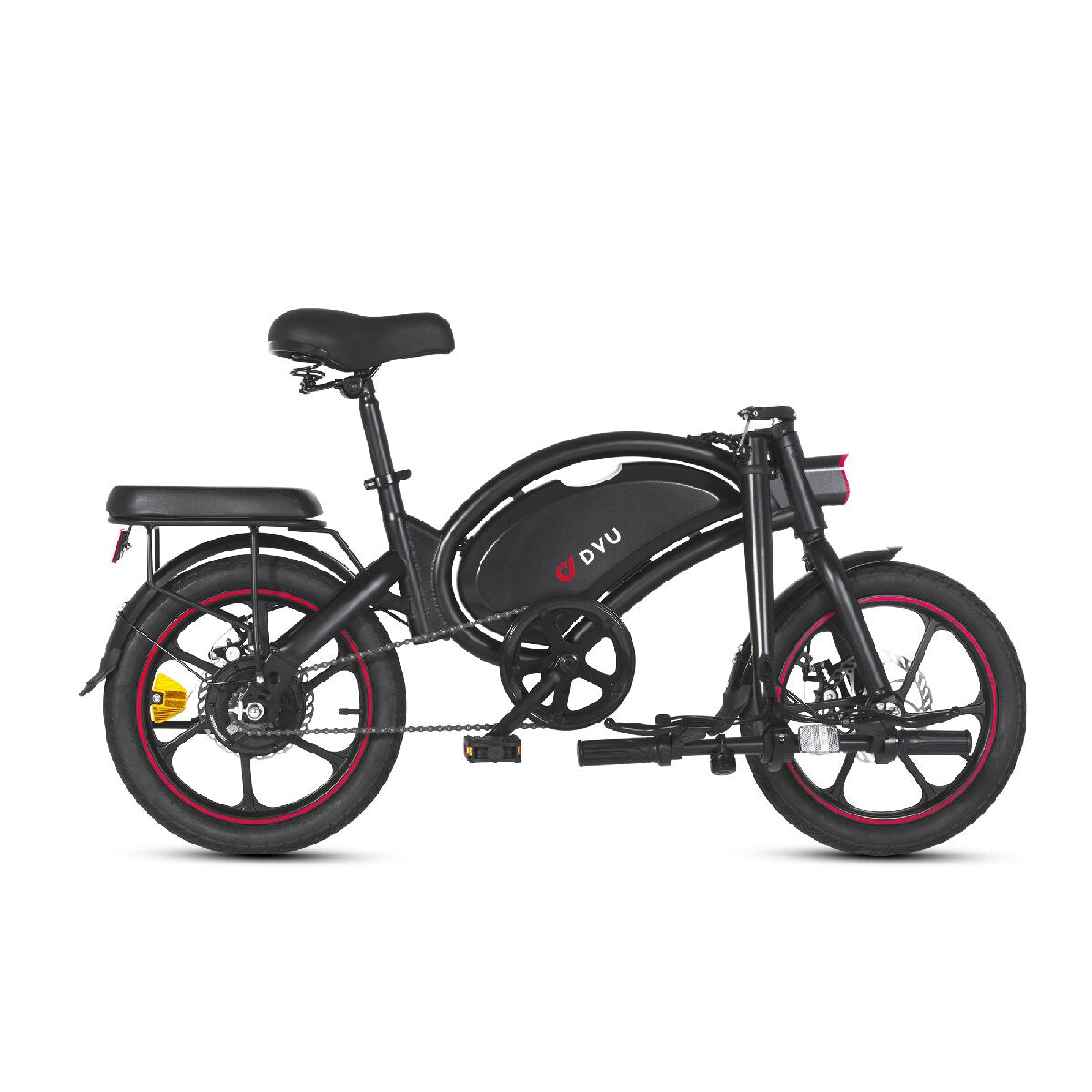 Bicicletta elettrica nera con ruote bordate di rosso e marchio 'DVU' sul telaio.