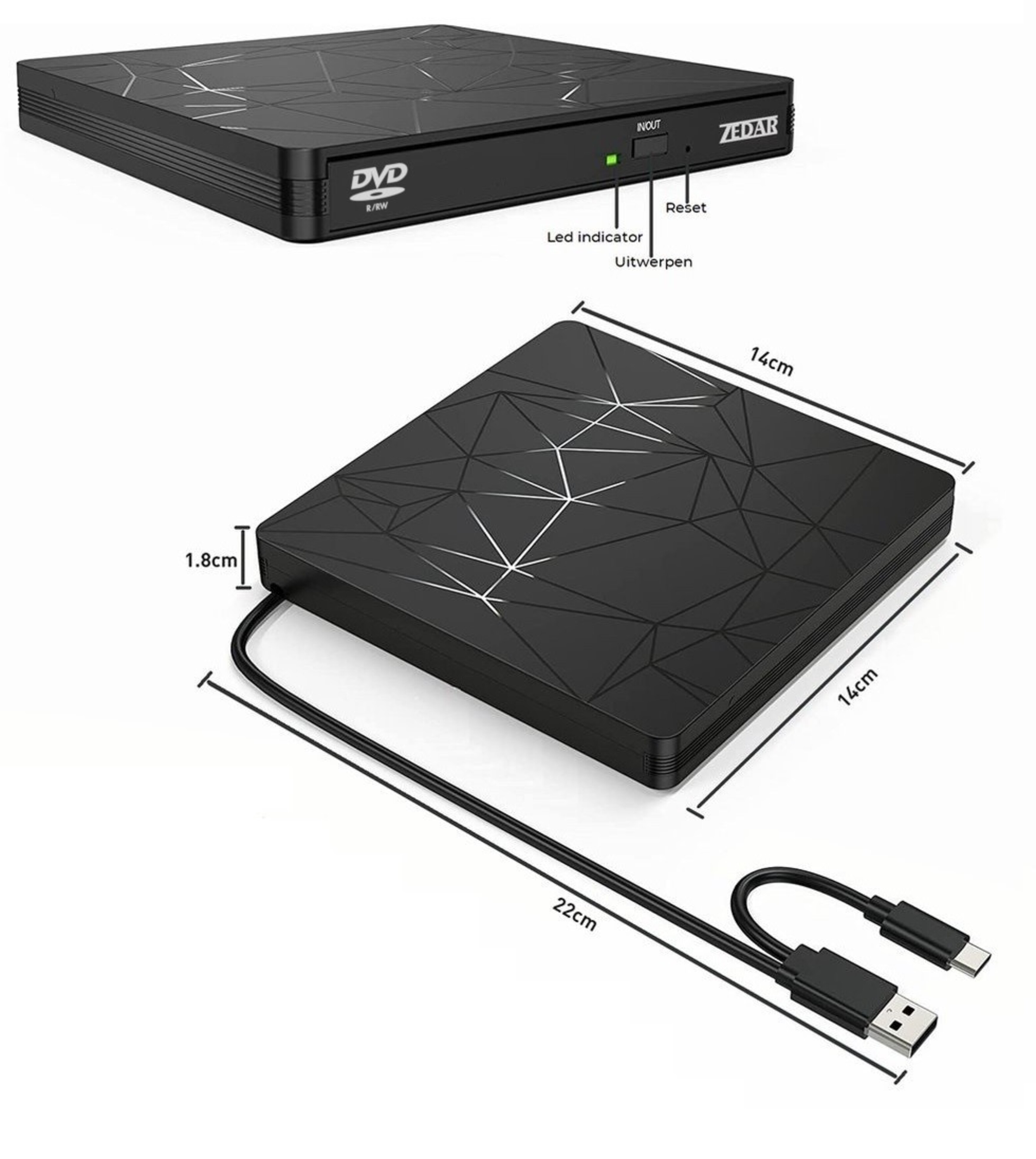 ZEDAR Externe DVD Speler & Brander DVD/CD Drive voor Laptop