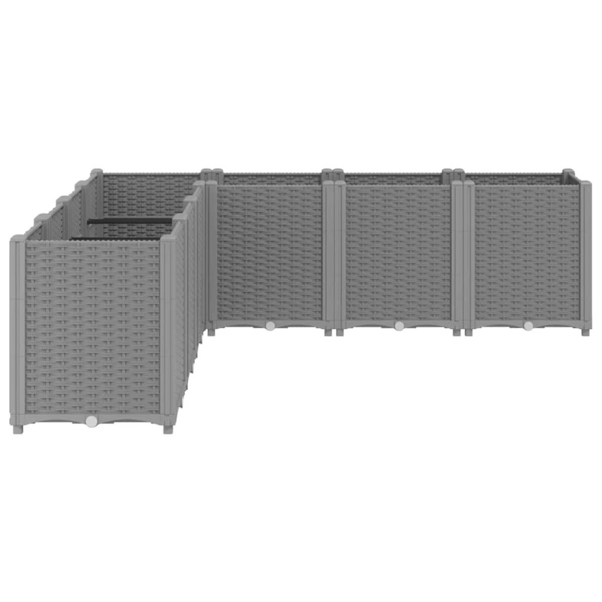 Graues Gartenmöbel-Set in L-Form, mit gewebter Textur und flacher Oberfläche angeordnet.