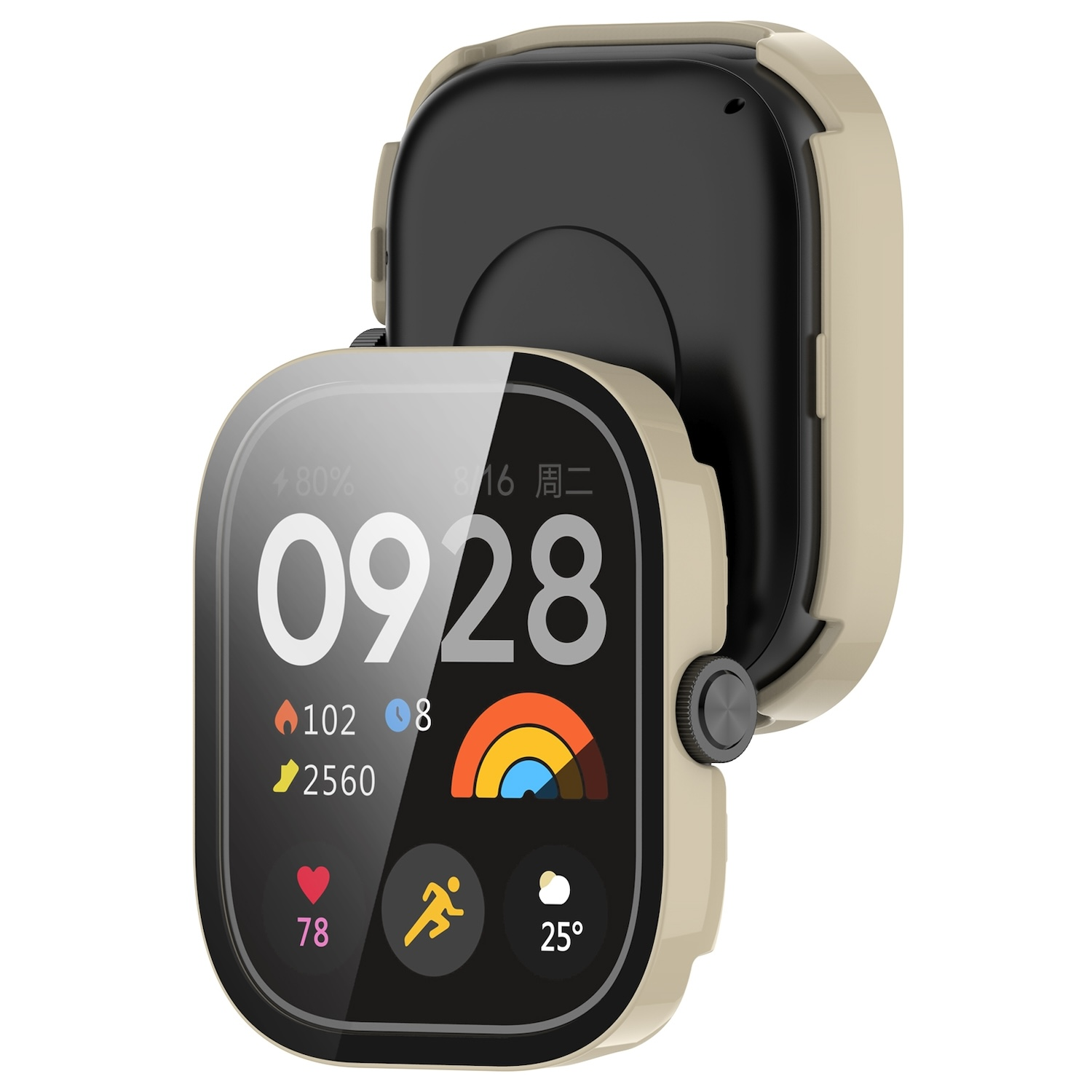 Eine Smartwatch mit Schutzhülle, die den Bildschirm zeigt.