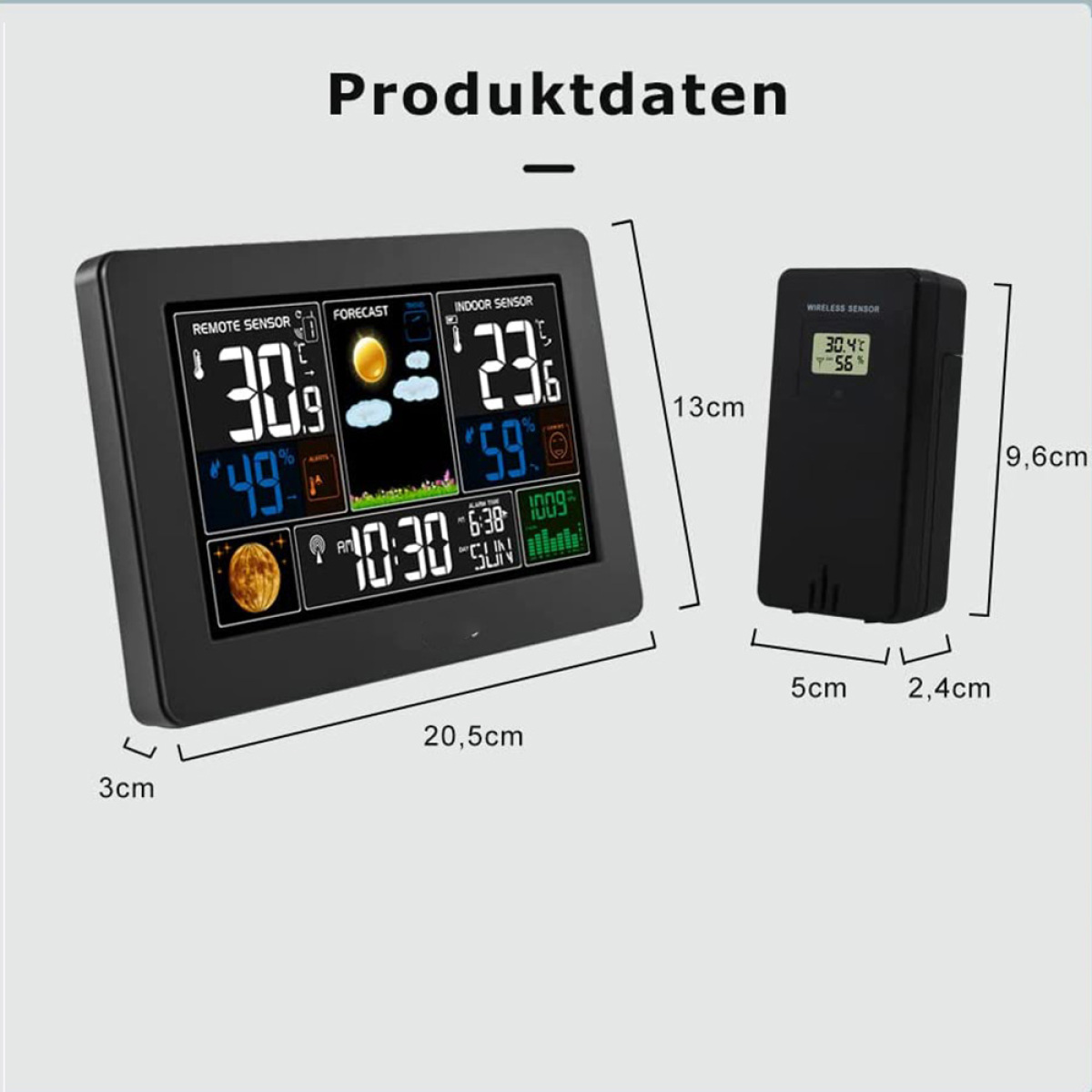 Schwarze Wetterstation mit Digitalanzeige, die Vorhersage und Uhrzeit anzeigt.