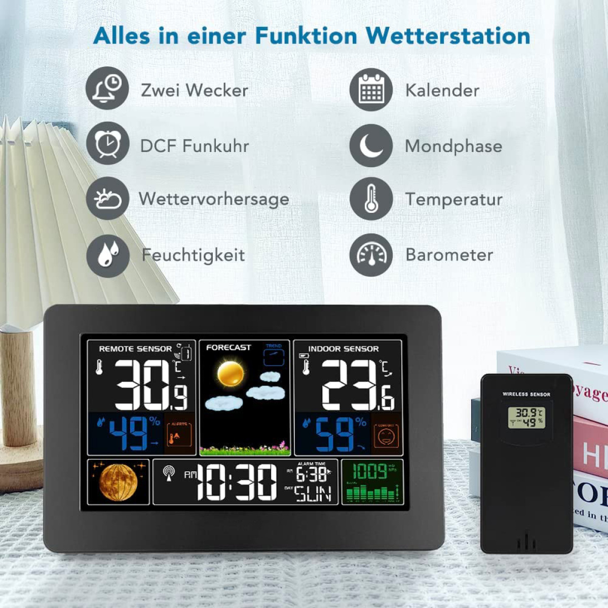 Eine digitale Wetterstation zeigt Wetterinformationen an. Enthält Vorhersage, Temperatur, Luftfeuchtigkeit und Mondphase.