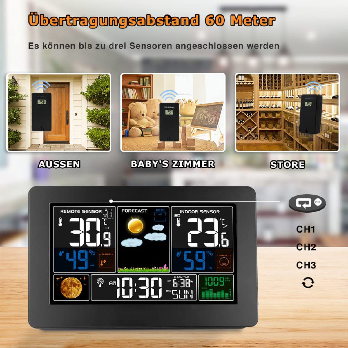 Eine Wetterstation mit mehreren Anzeigen, die Außen- und Innenmesswerte sowie drei separate Szenen zeigen.