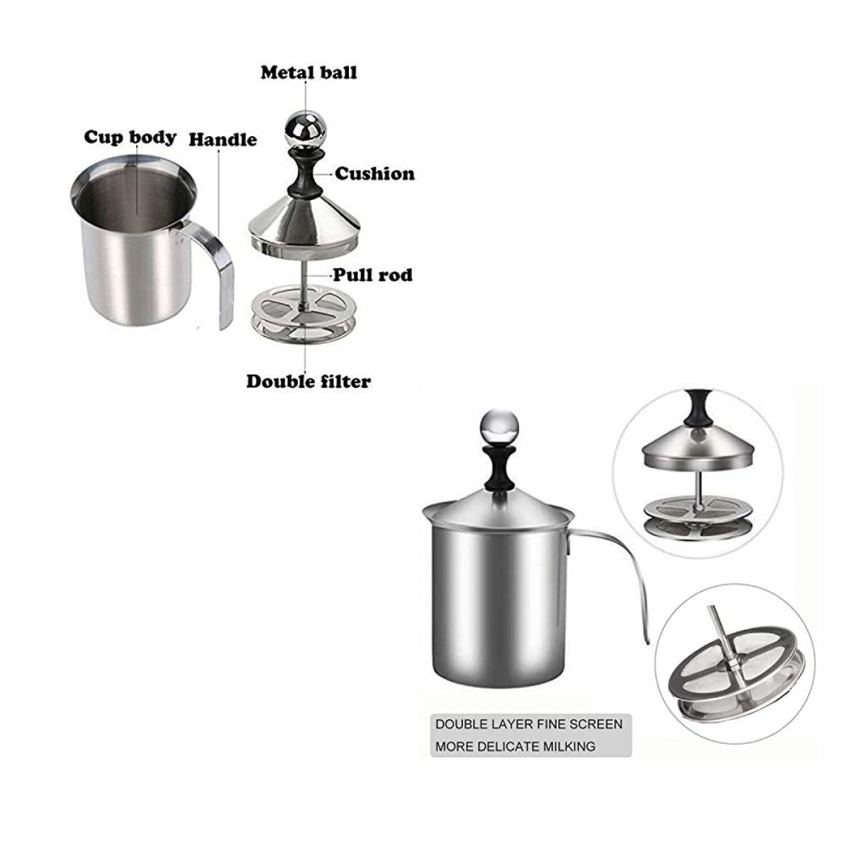 Ein Milchaufschäumer aus Edelstahl mit beschrifteten Teilen und einem Diagramm seiner Funktion.