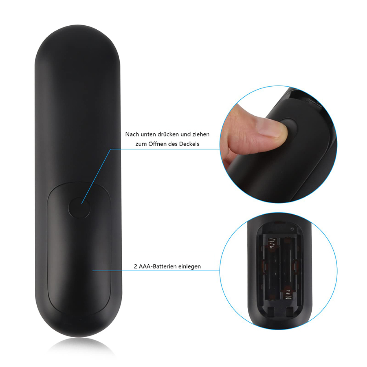 Schwarze Fernbedienung, Rückseite und Innenleben. Text: 2 AAA-Batterien einlegen. Erklärung zum Öffnen des Deckels.