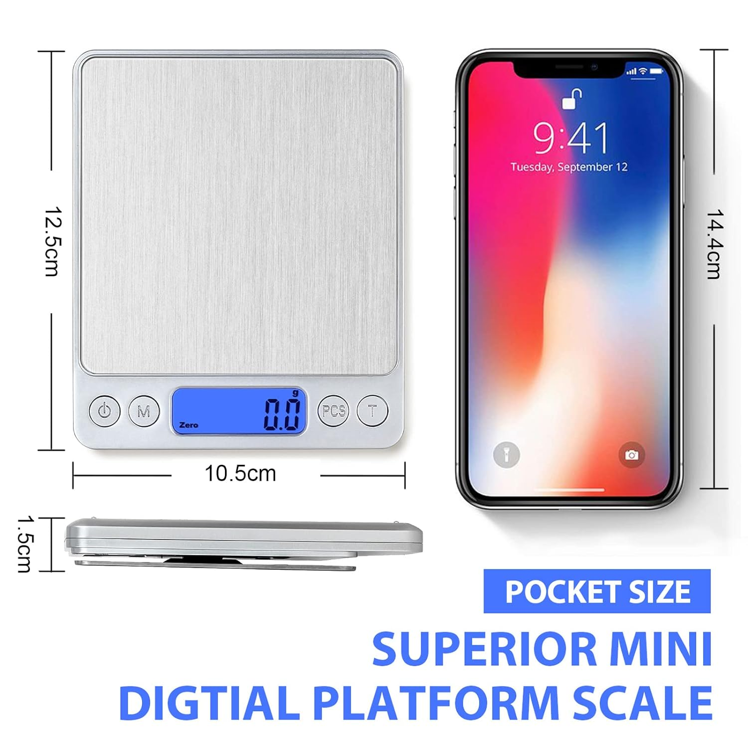 Weiße Digitalwaage mit Maßen, neben einem Telefon mit 9:41 Uhr.