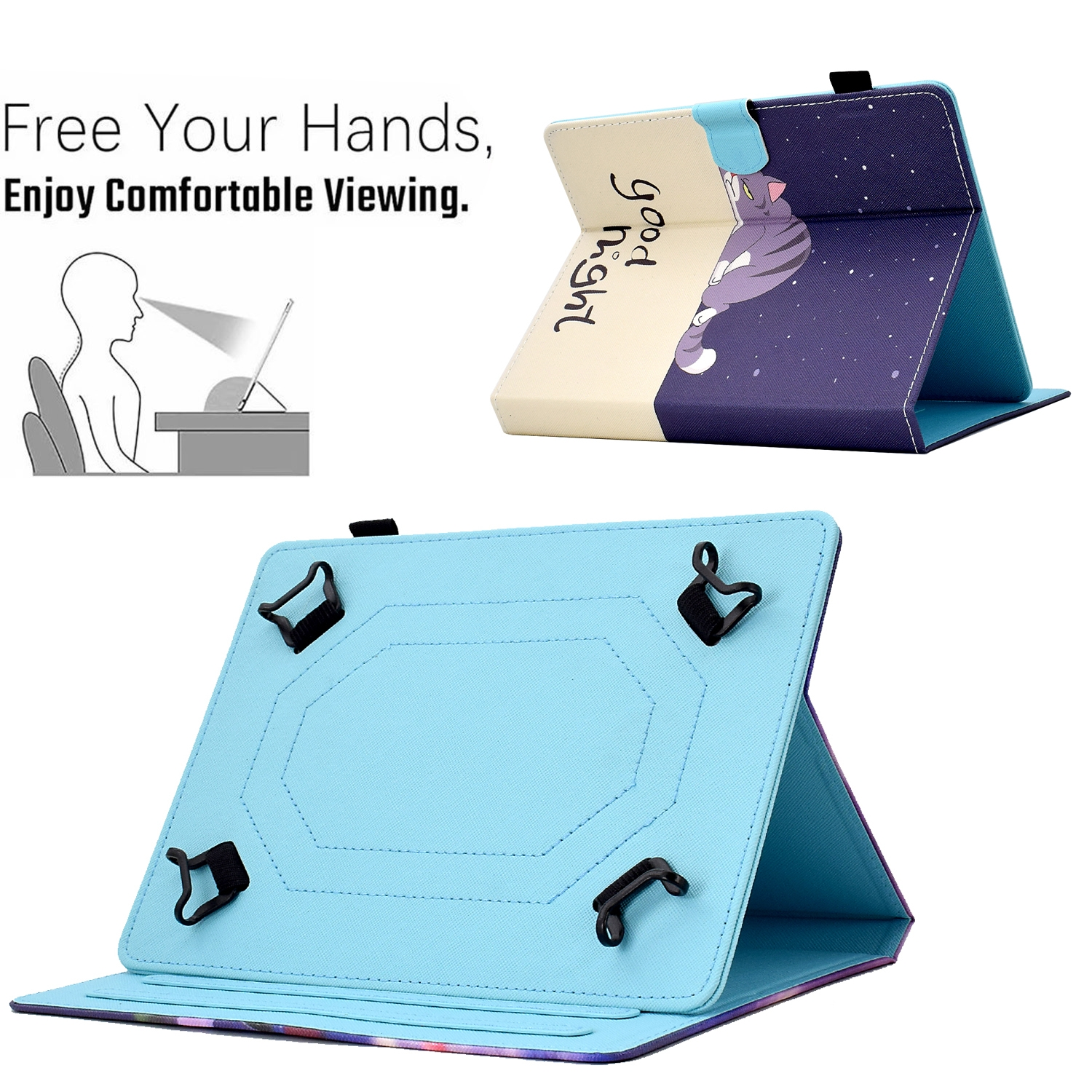 Tablet-Hülle mit Katzendesign, zusammengeklappt zum Aufstellen. Text: Free Your Hands...