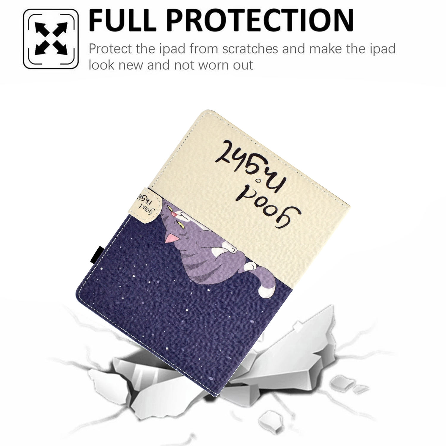 Eine offene iPad-Hülle mit Katzenillustration auf dem Cover, Text und Grafik.