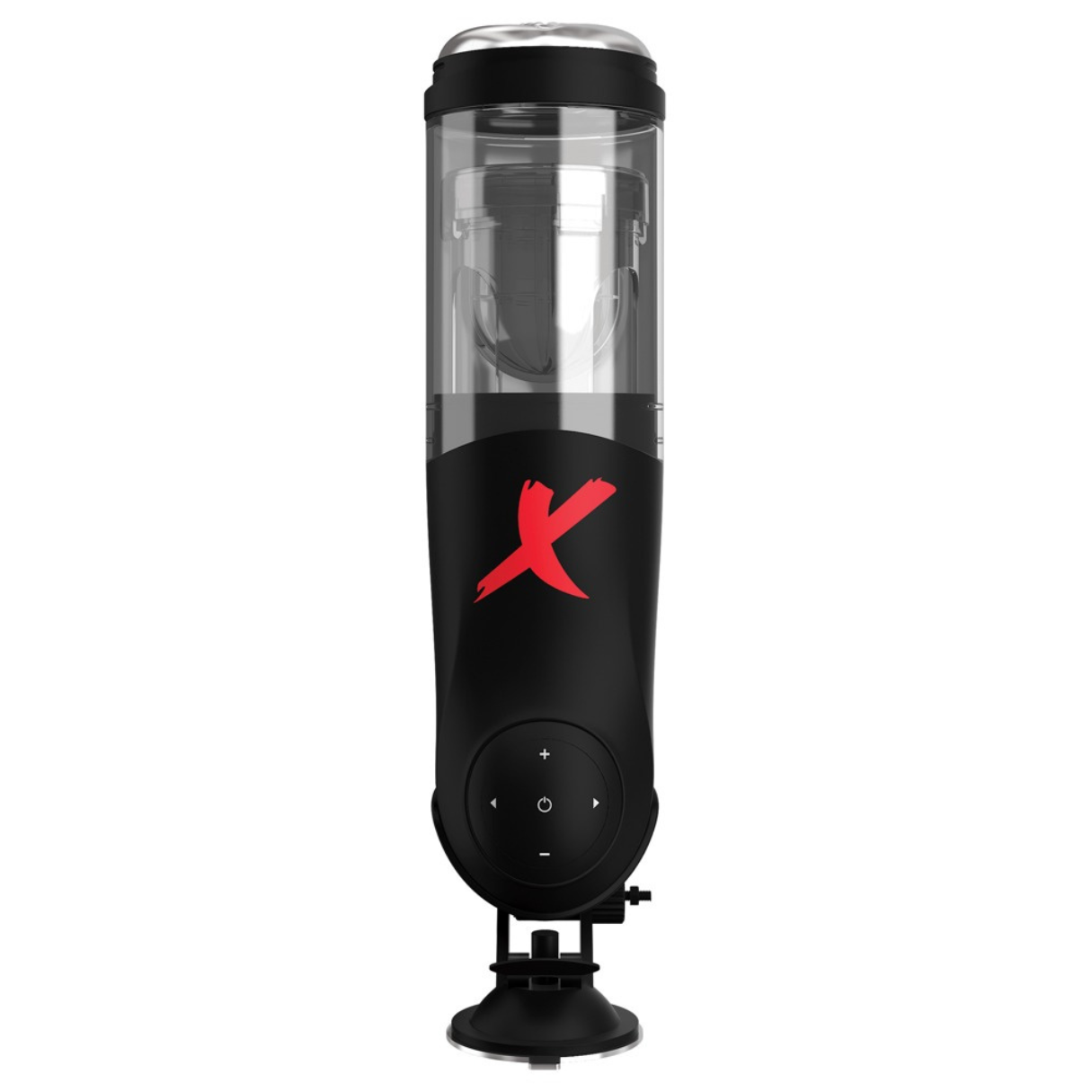 Sex toy nero con logo X rosso, montato su base a ventosa.