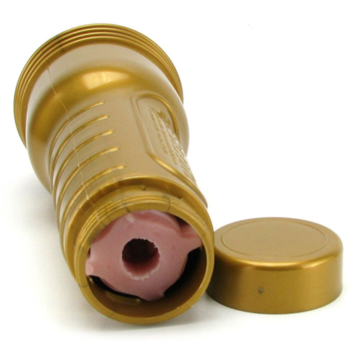 Goldfarbenes Sexspielzeug mit pinkfarbenem Einsatz. Weißer Hintergrund.