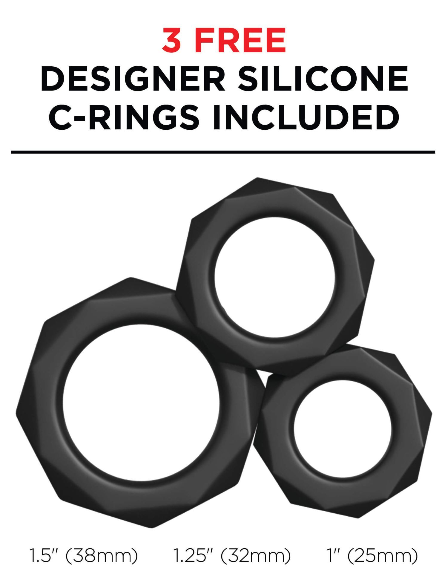 Tre anelli a C in silicone nero di varie dimensioni, isolati su sfondo bianco.
