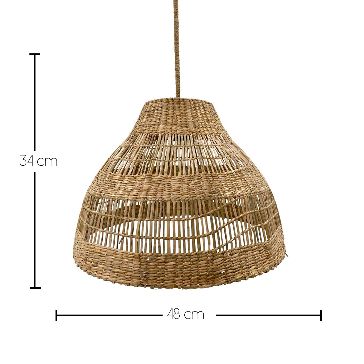 Gewebter Rattan-Lampenschirm, hängend, mit den Maßen 34x48 cm.