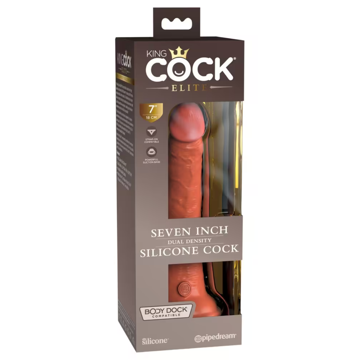 Eine Schachtel mit einem roten Dildo. Auf der Schachtel steht 'KING COCK ELITE', 'SEVEN INCH SILICONE COCK' und 'BODY DOCK COMPATIBLE'.