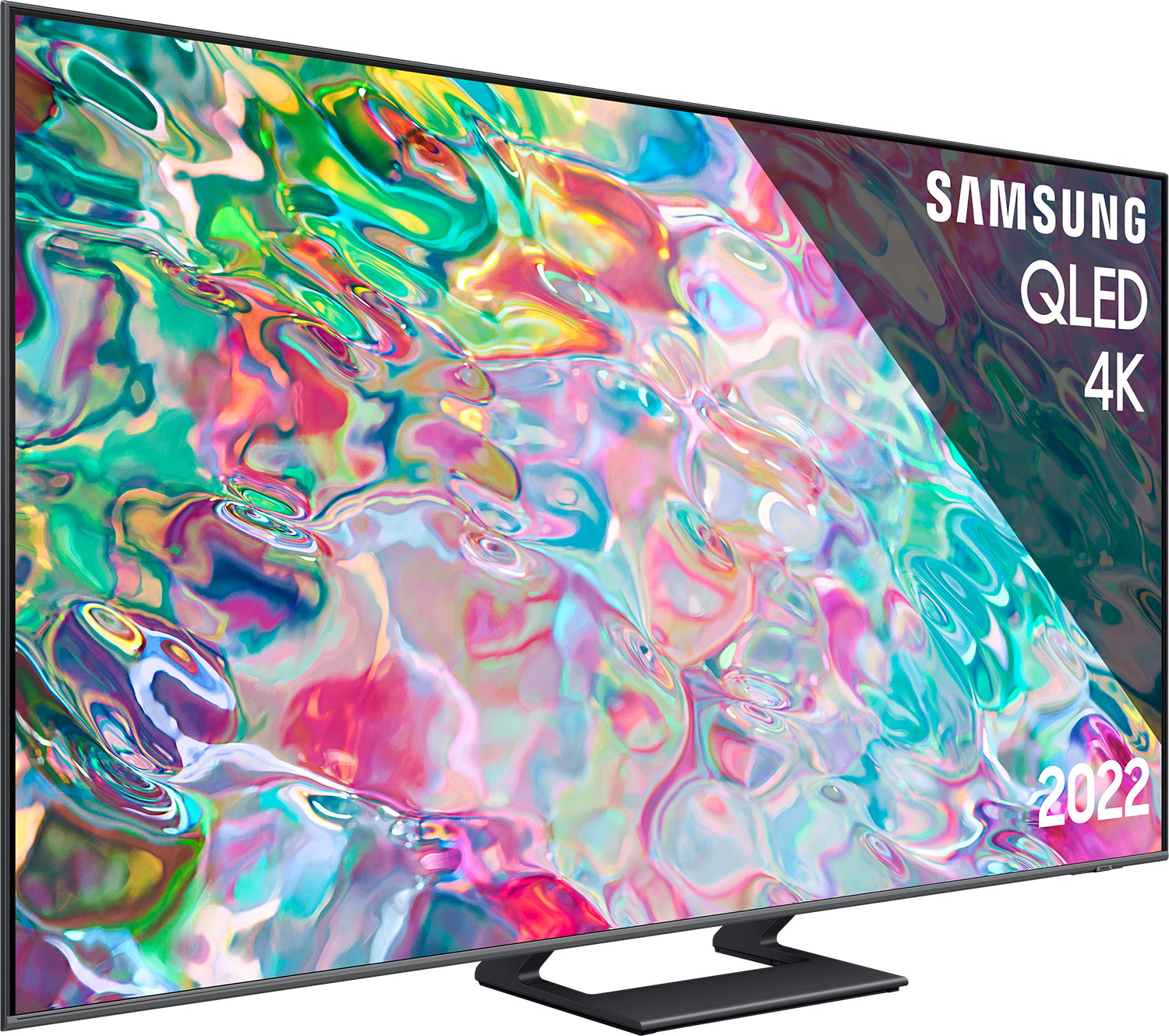 Przechylony czarny telewizor z kolorowym abstrakcyjnym obrazem na ekranie, z napisem 'SAMSUNG QLED 4K 2022'.
