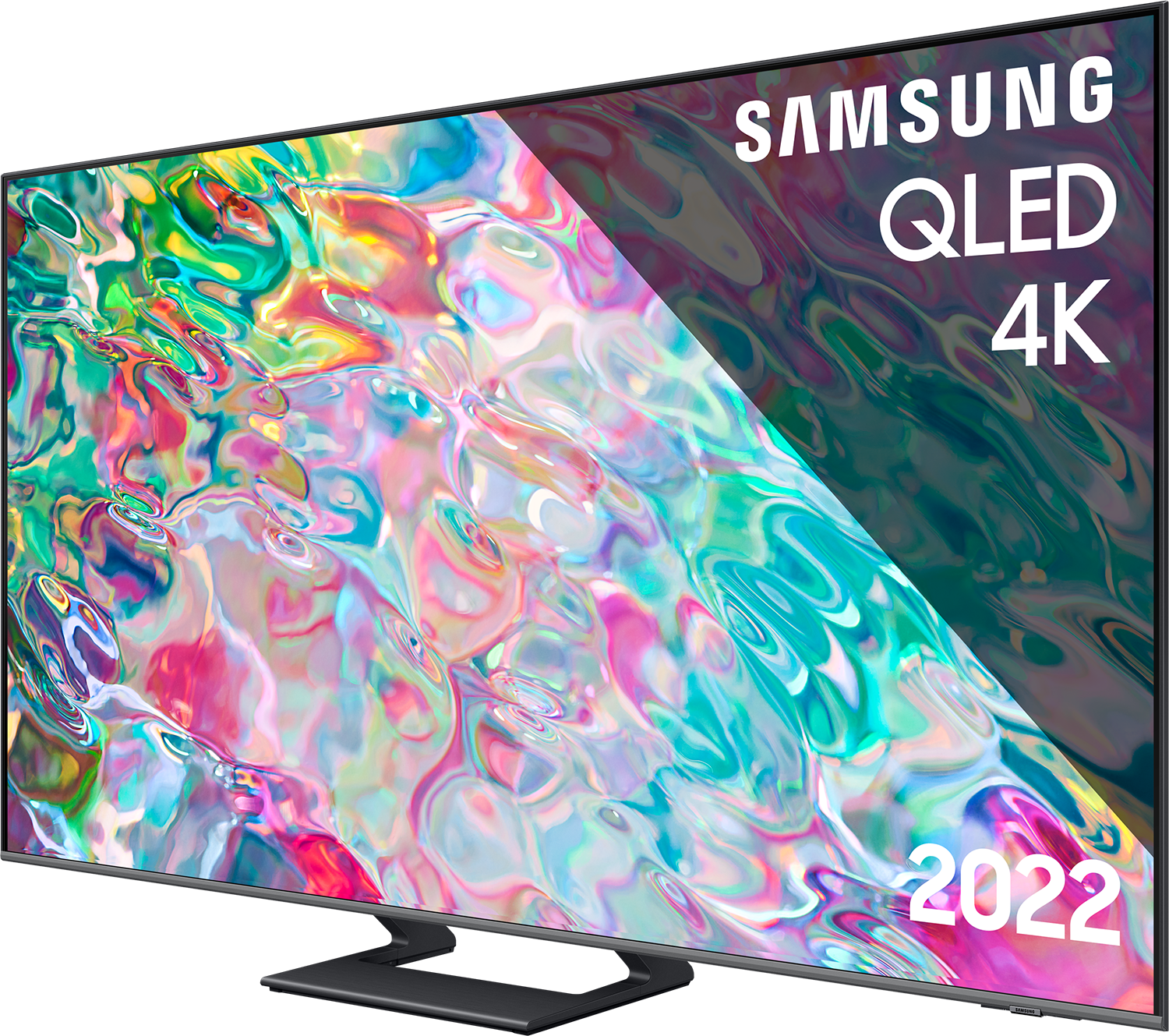 Telewizor Samsung QLED 4K. Ekran wyświetla kolorową sztukę abstrakcyjną. Produkt stoi na czarnym stojaku.