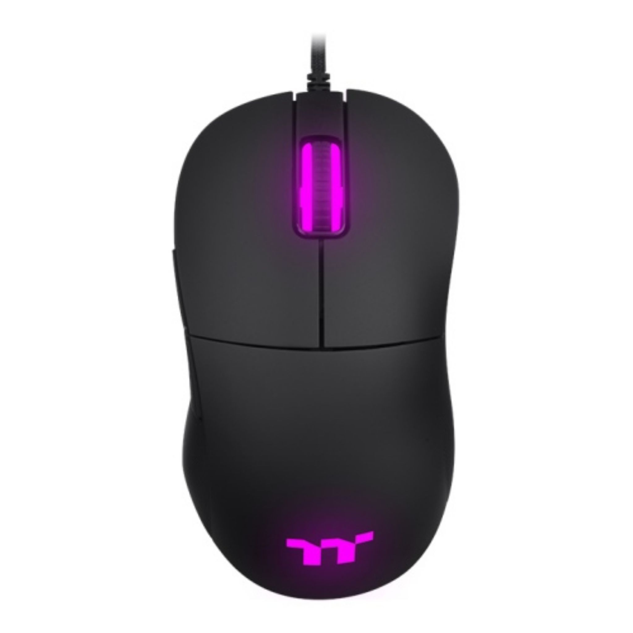 Mouse per computer nero con illuminazione viola. Ha due pulsanti, una rotella e un logo in basso.