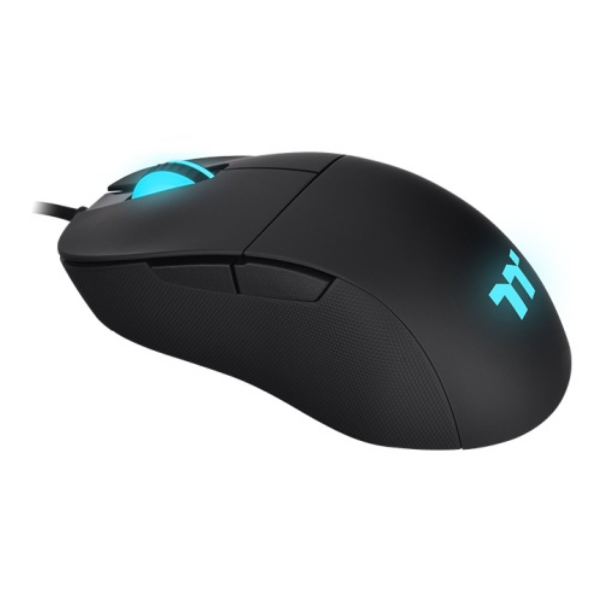 Mouse nero con luci blu. Ha una rotella di scorrimento e pulsanti. Il marchio è visibile.