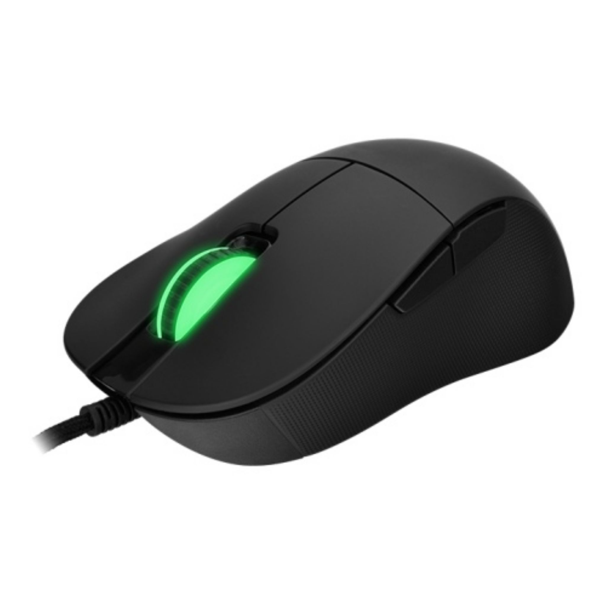 Mouse da gioco nero con una luce verde brillante.