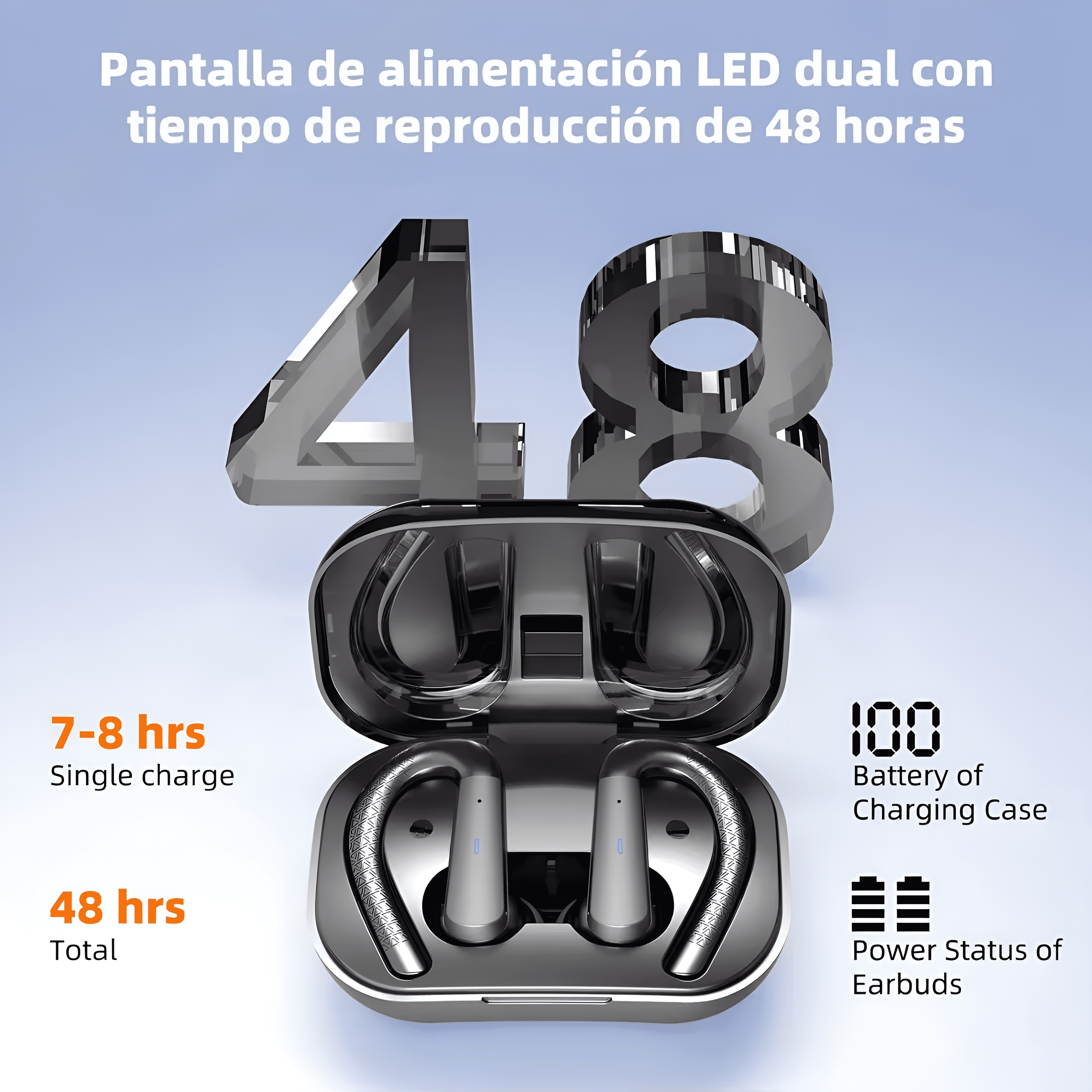 Auriculares en estuche de carga con texto sobre la duración de la batería. 48 horas totales, 7-8 horas carga única. Azul.