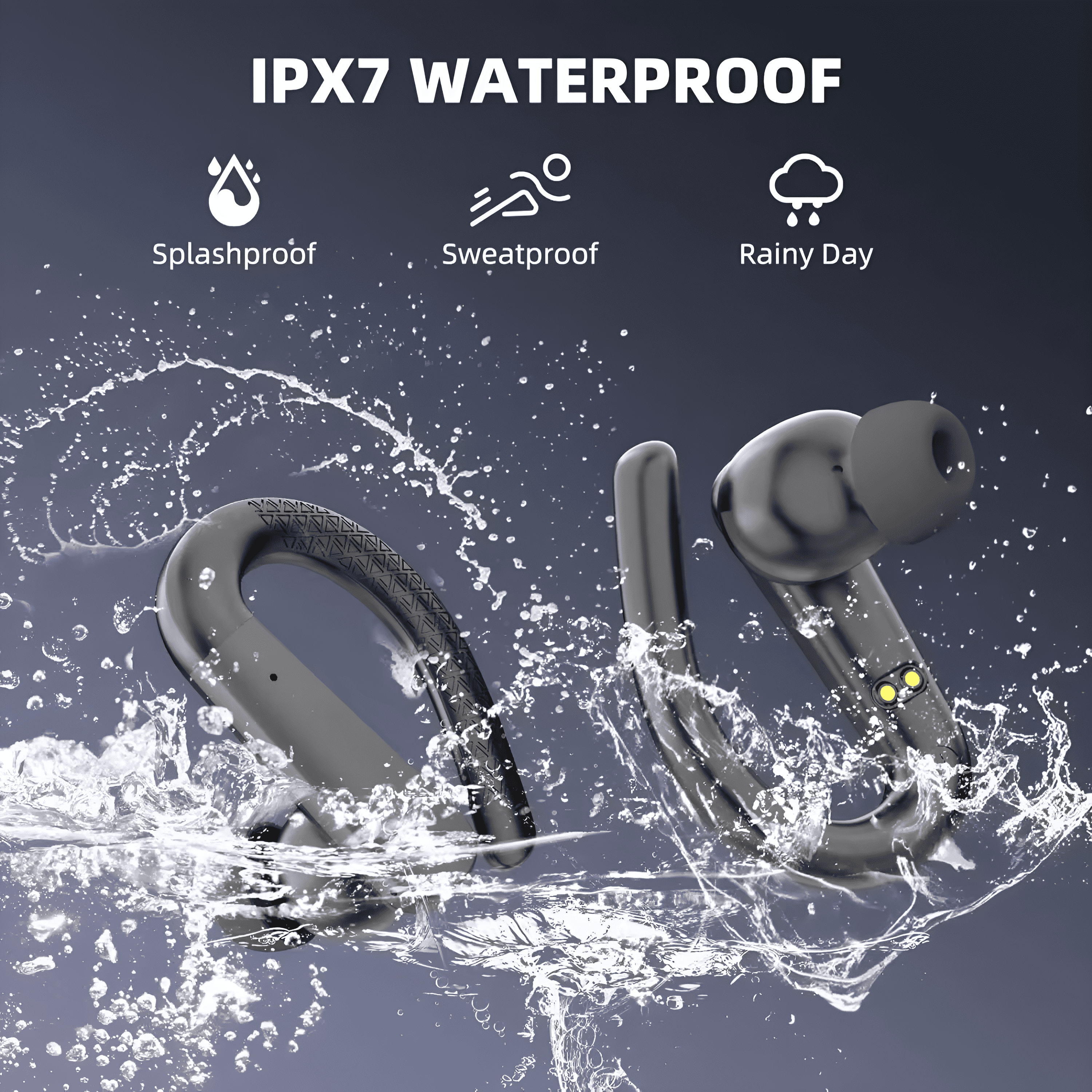 Auriculares negros en agua, efecto de salpicadura. Texto: IPX7 impermeable, a prueba de salpicaduras, sudor, día lluvioso.