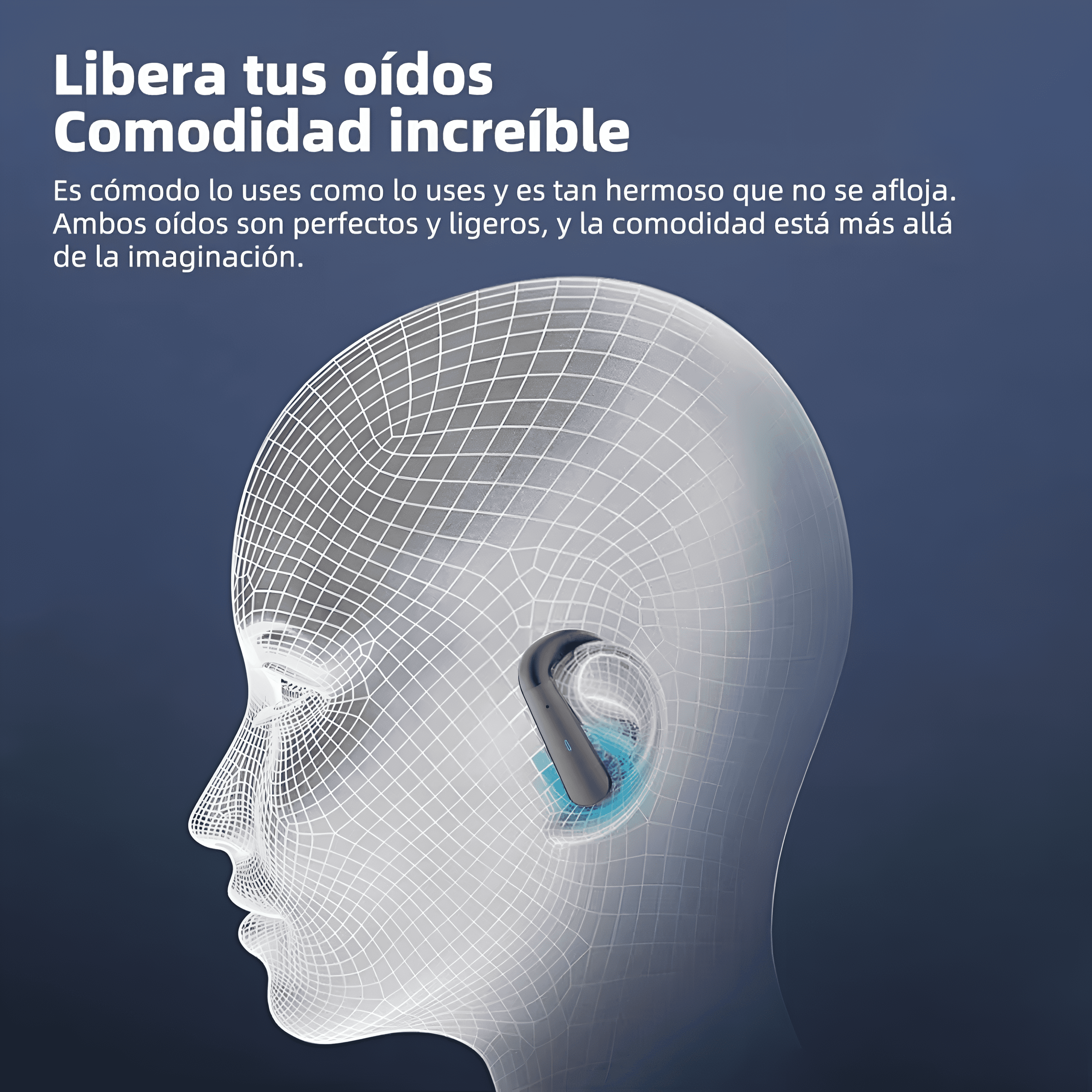 Un gráfico de una cabeza con un auricular inalámbrico. Texto en español sobre comodidad y sonido.