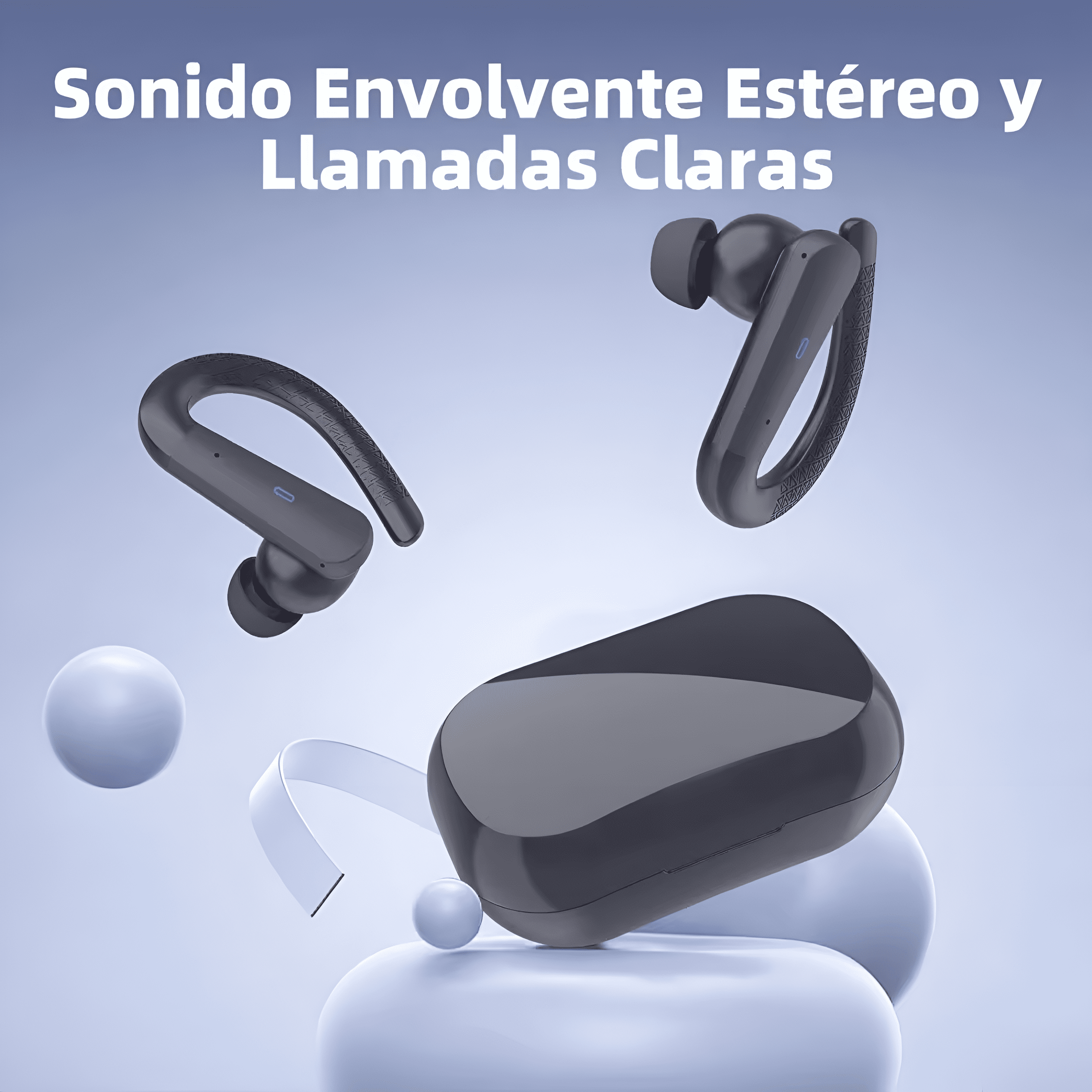 Auriculares inalámbricos y estuche de carga sobre fondo azul con texto "Sonido Envolvente Estéreo y Llamadas Claras".