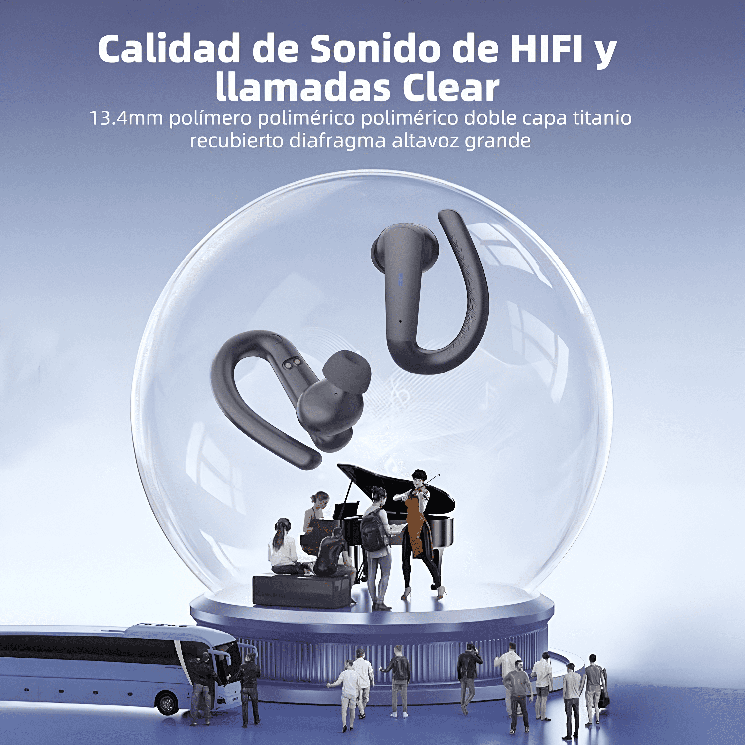 Auriculares y una escena de piano dentro de una esfera de vidrio. Gente cerca.