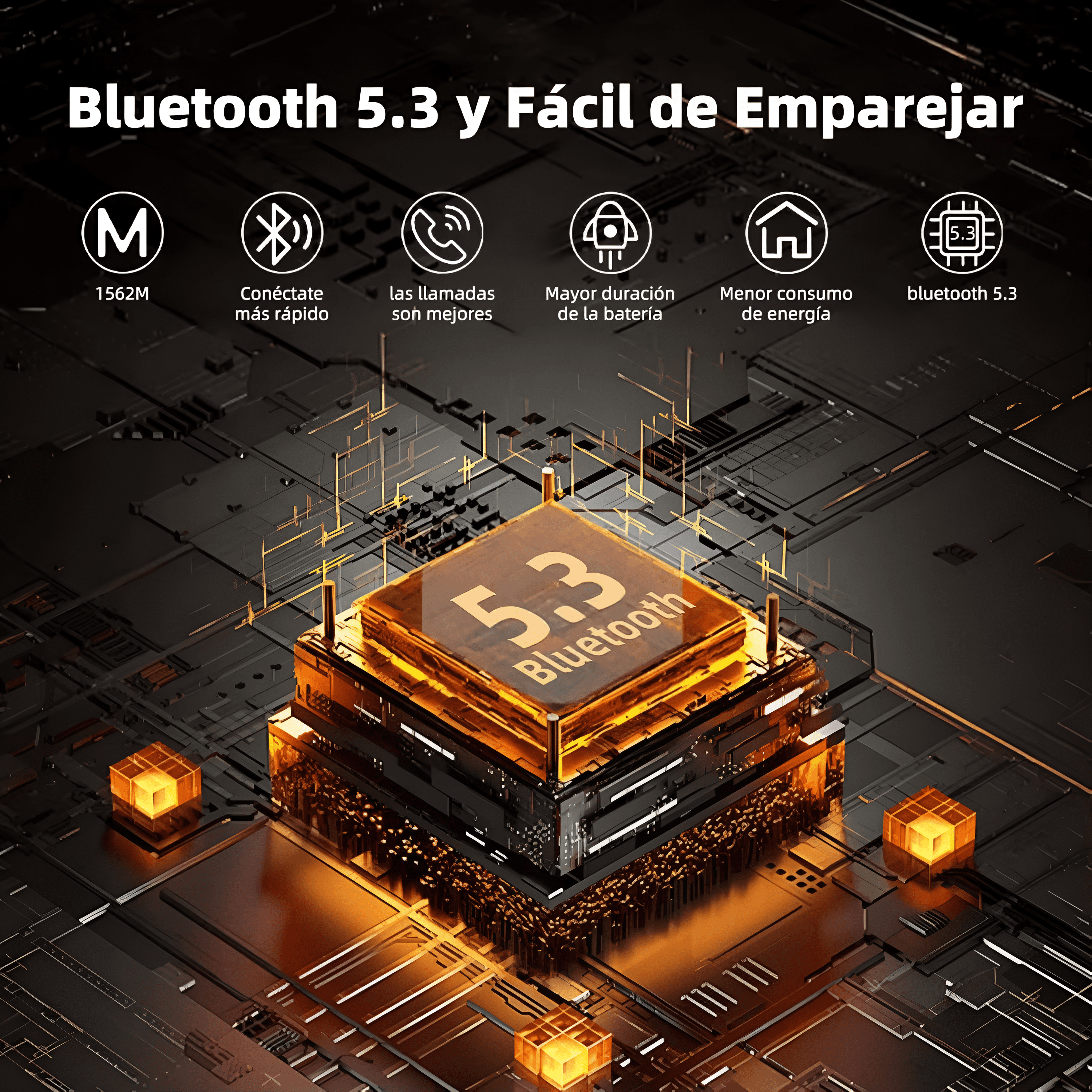 Imagen que muestra la tecnología Bluetooth 5.3, con iconos y texto sobre un fondo oscuro.