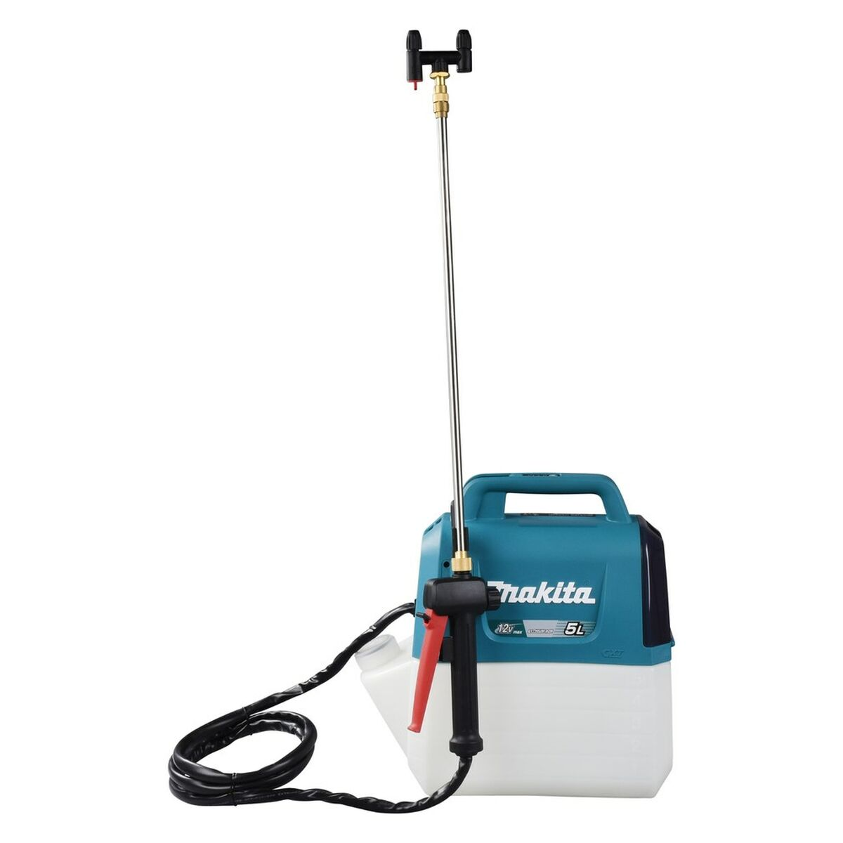 Blau-weißer Makita-Sprayer mit langer Düse, schwarzem Schlauch und Griff. Weißer Hintergrund.