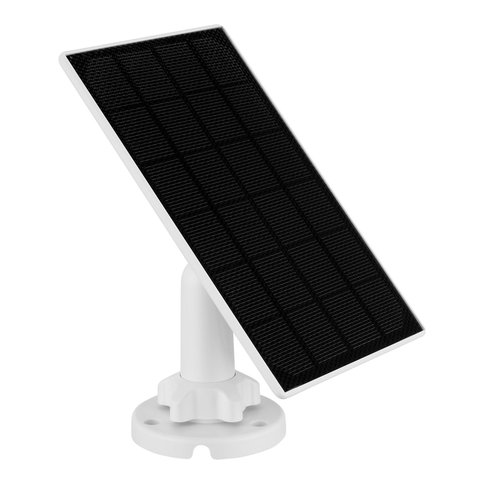 Weißes Solarpanel auf weißem Ständer, nach oben abgewinkelt.