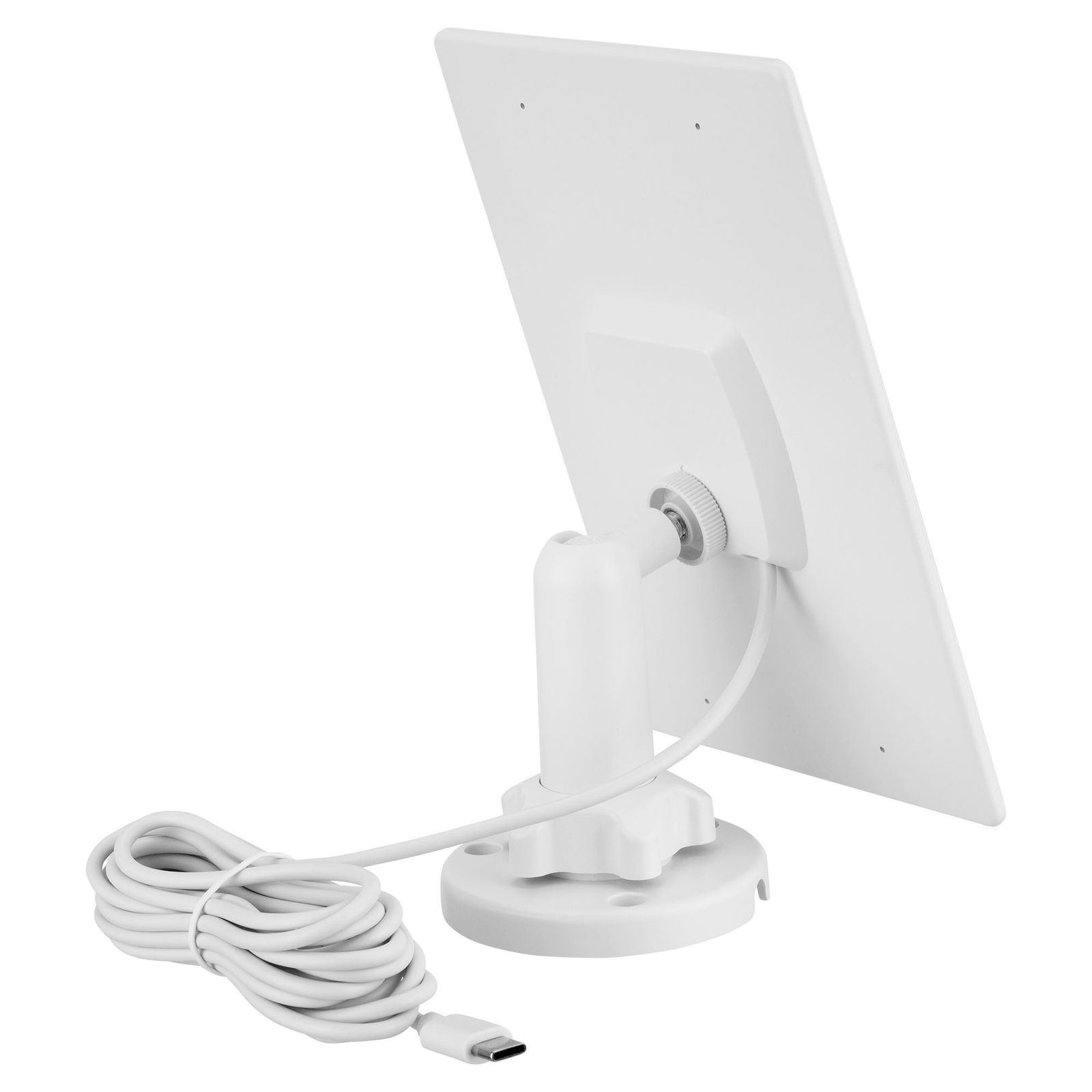 Rückansicht eines weißen Tablets auf einem Ständer, mit angeschlossenem weißem Kabel, auf weißem Hintergrund.