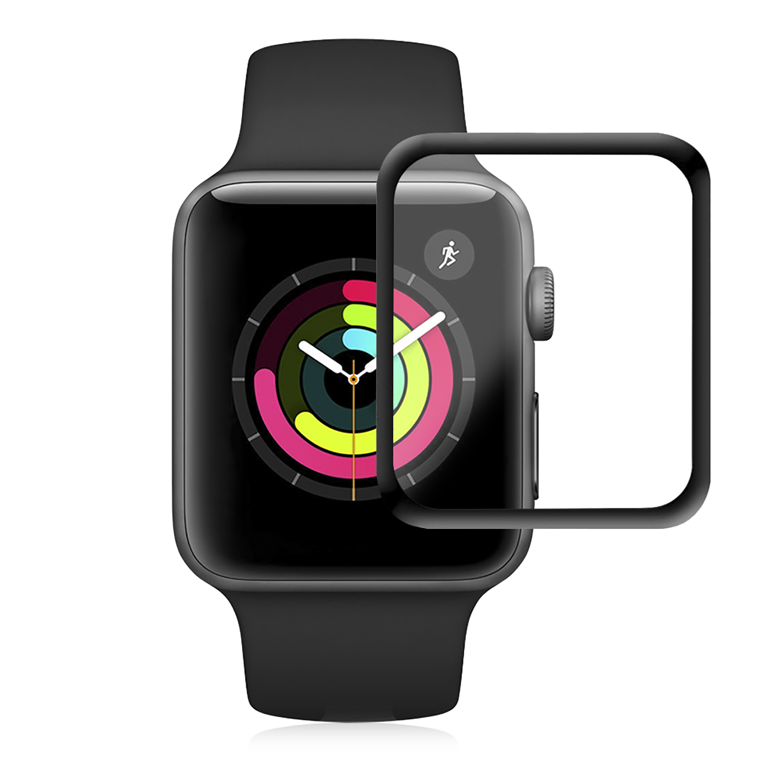 Apple Watch nera con protezione schermo davanti a sfondo bianco.